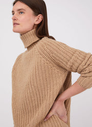 Women's Chunky Roll Neck Jumper in Light Camel