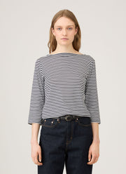 Women's Boat Neck T-shirt in White/Navy English Stripe