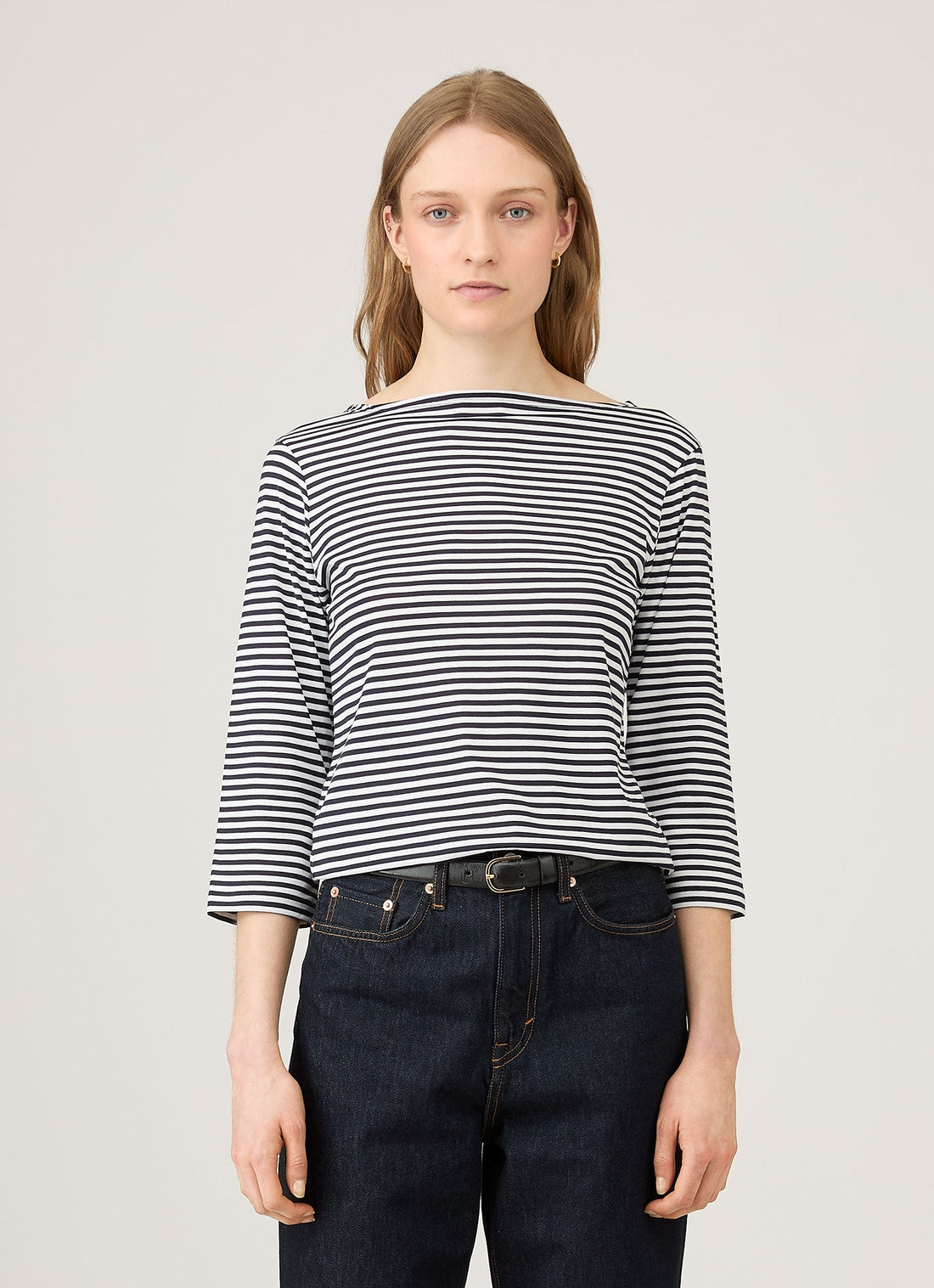 Women's Boat Neck T-shirt in White/Navy English Stripe