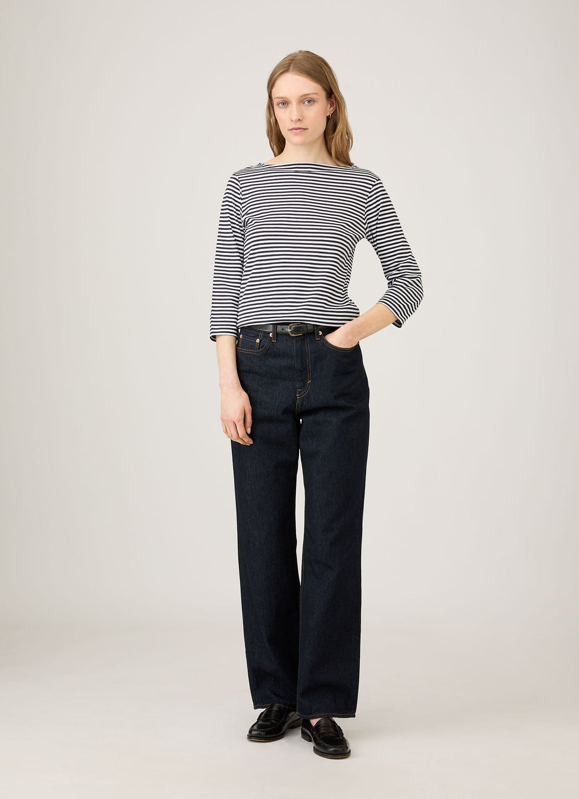 Women's Boat Neck T-shirt in White/Navy English Stripe