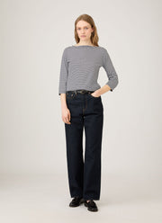 Women's Boat Neck T-shirt in White/Navy English Stripe