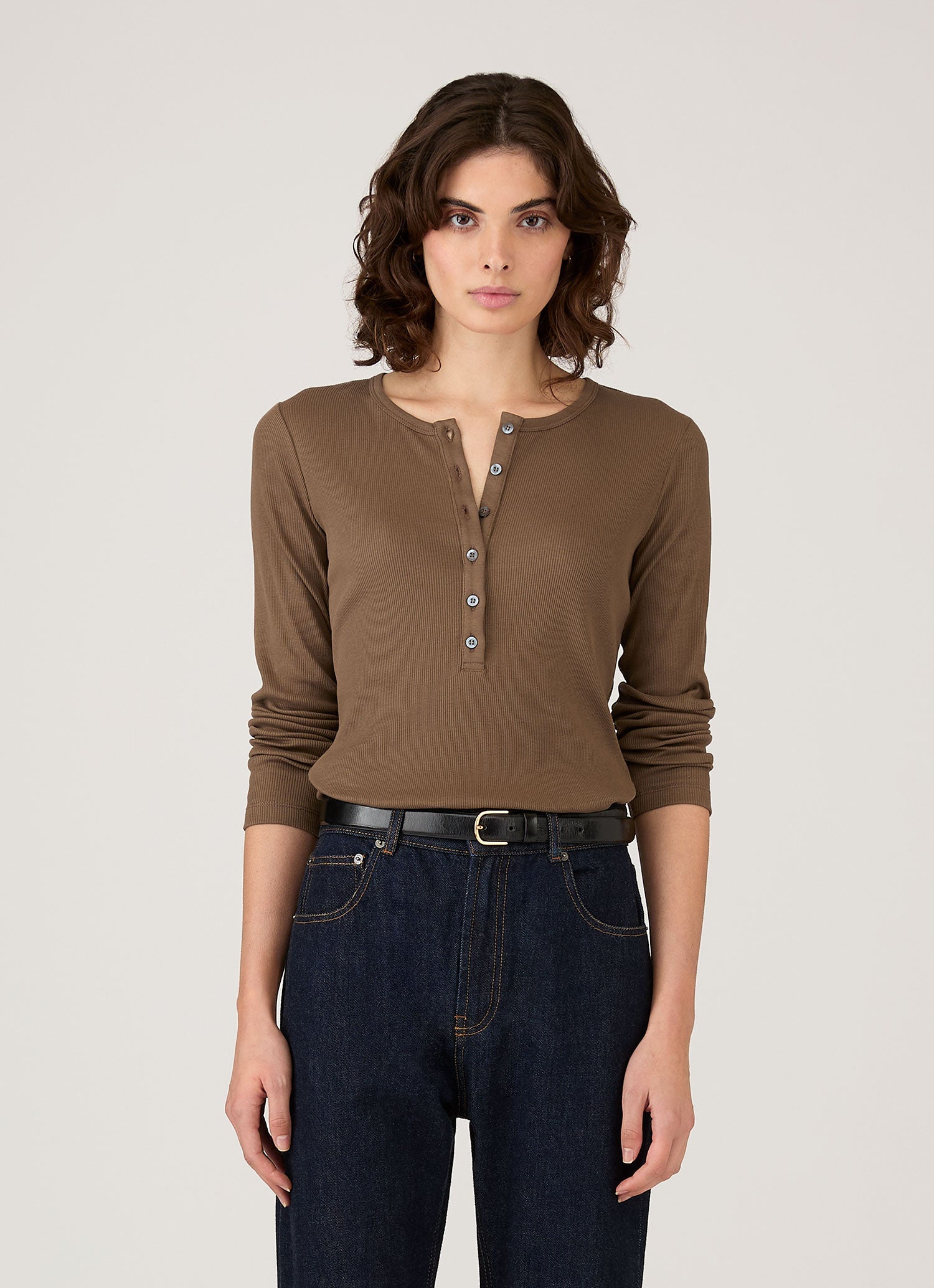 Women's Ribbed Henley in Dark Cedar | Sunspel