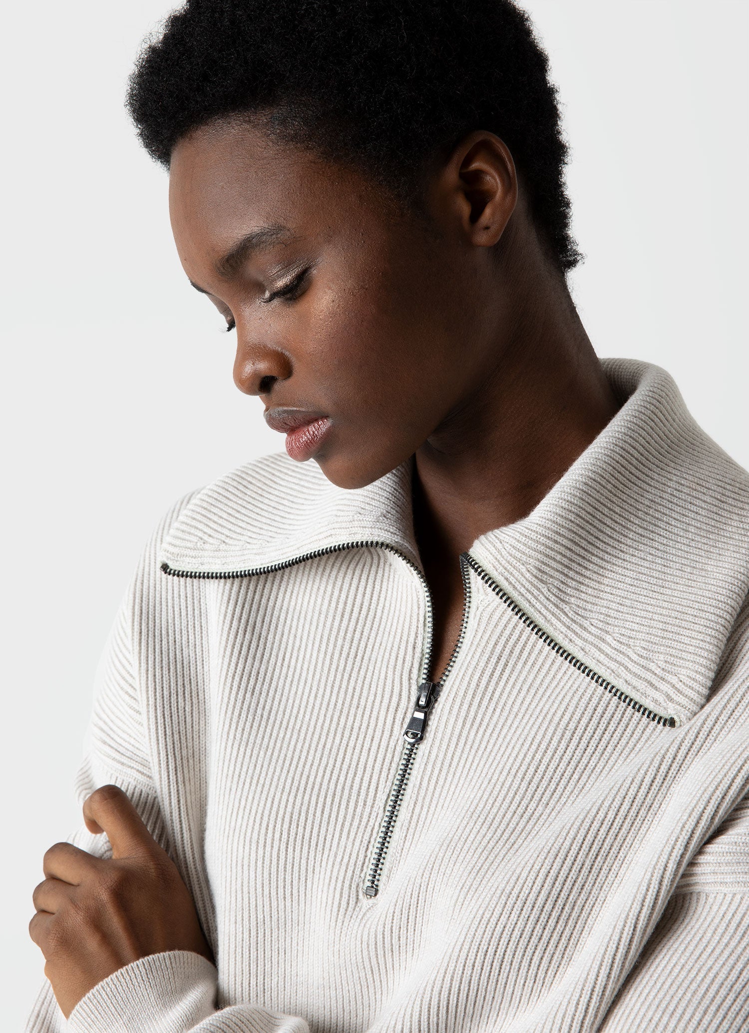 Women's Ribbed Half Zip Jumper in Ecru | Sunspel
