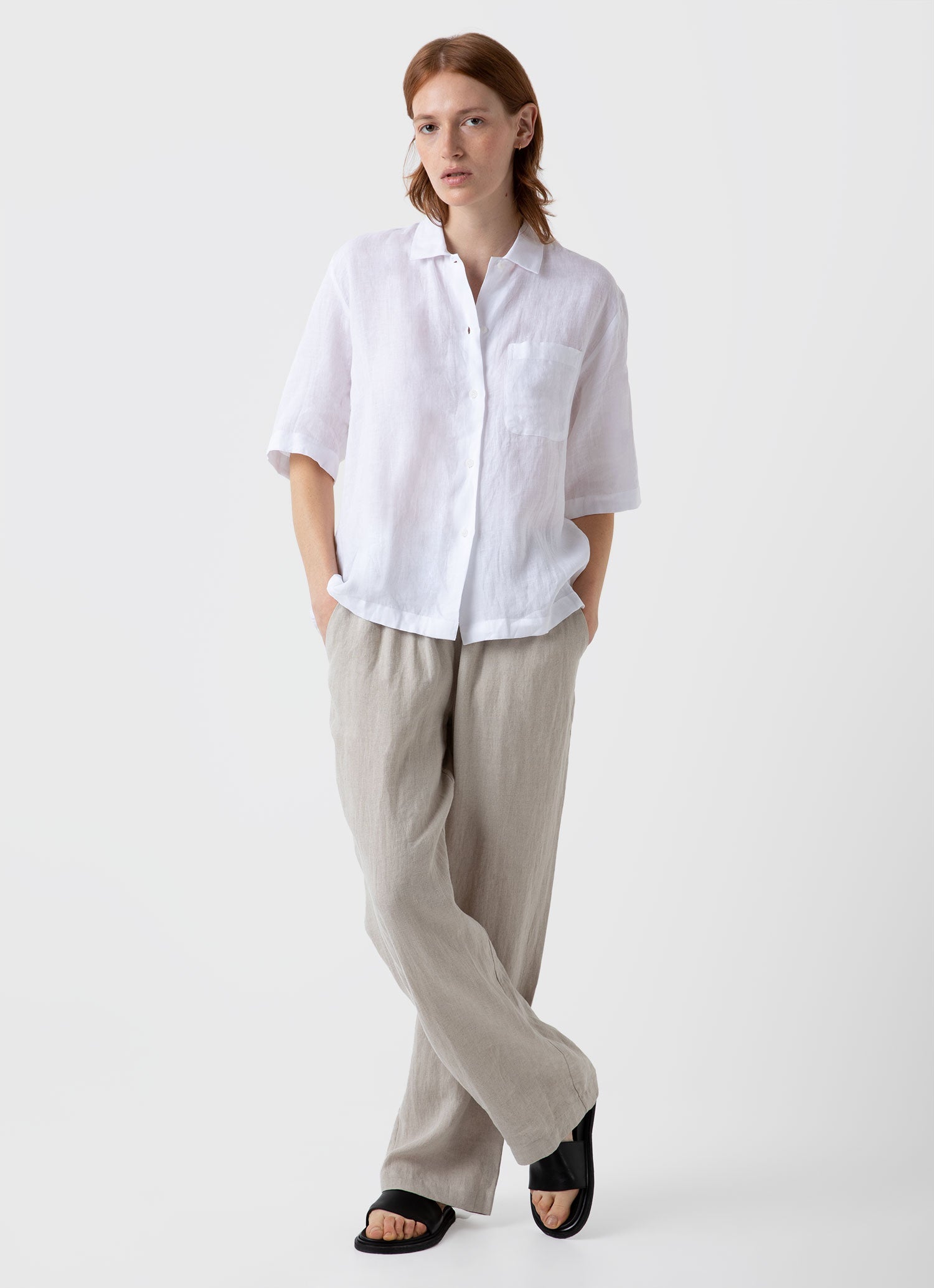 Women's Short Sleeve Linen Shirt in White