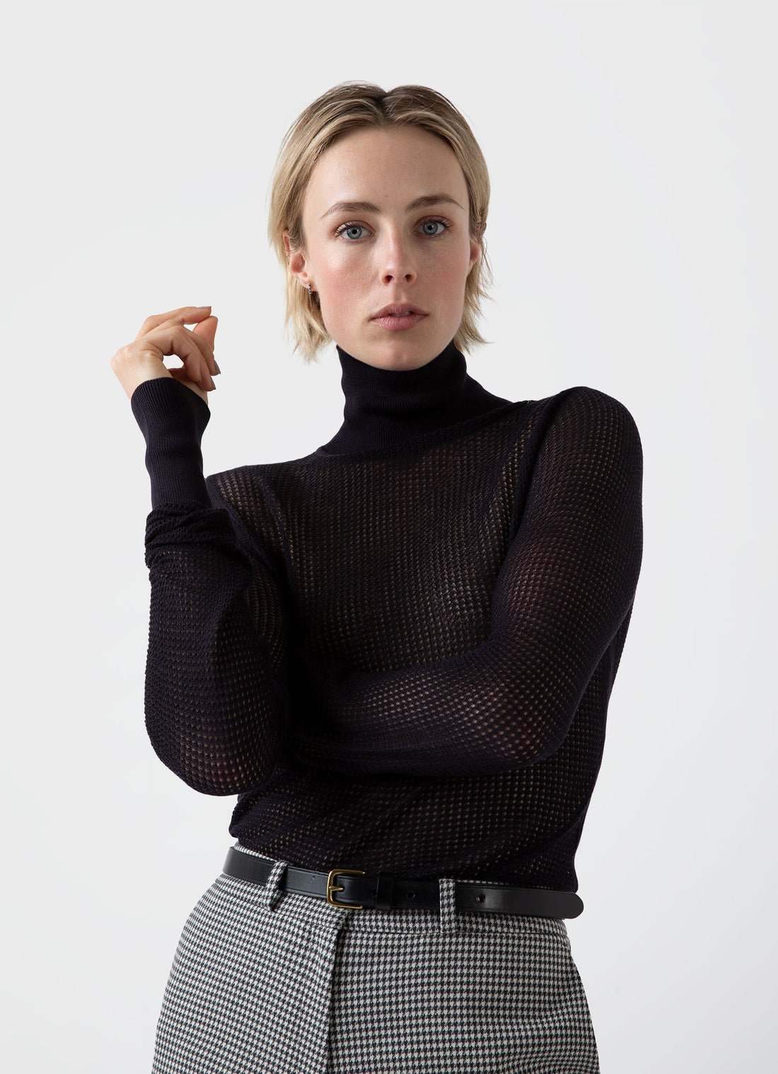 Women's Edie Campbell Open Knit Silk Funnel in Dark Navy