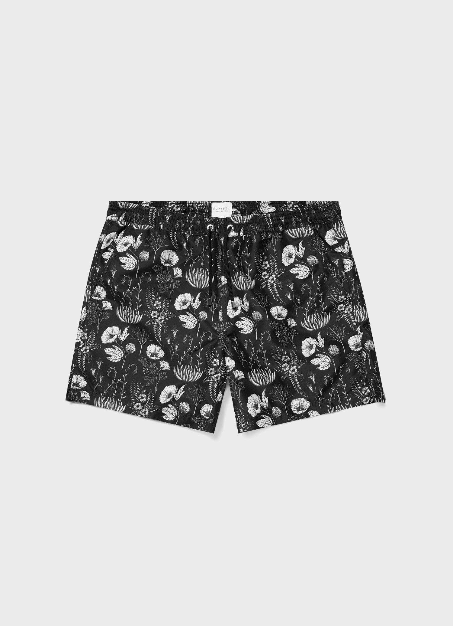 Men's Leaf Print Swim Short in Black | Sunspel