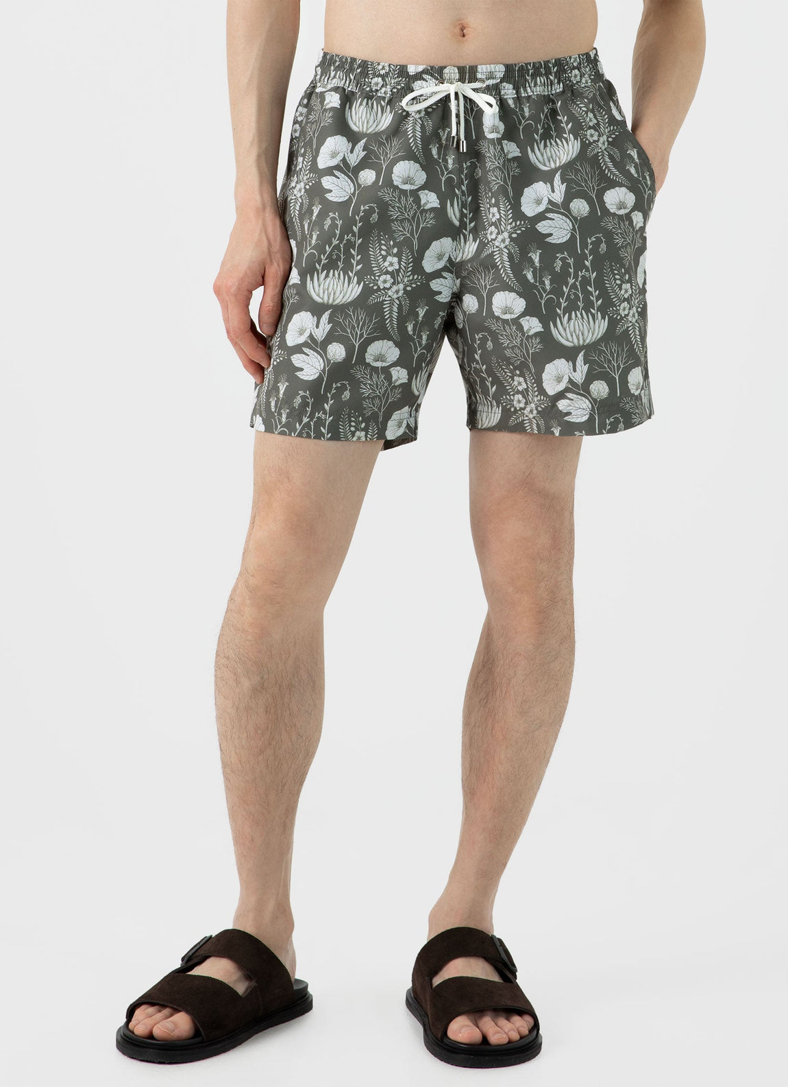 Men's Leaf Print Swim Short in Pale Khaki