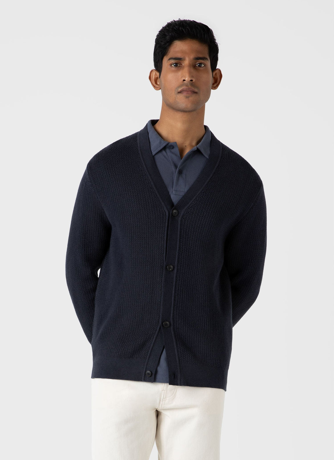 Men's Textured Knit Cardigan in Navy