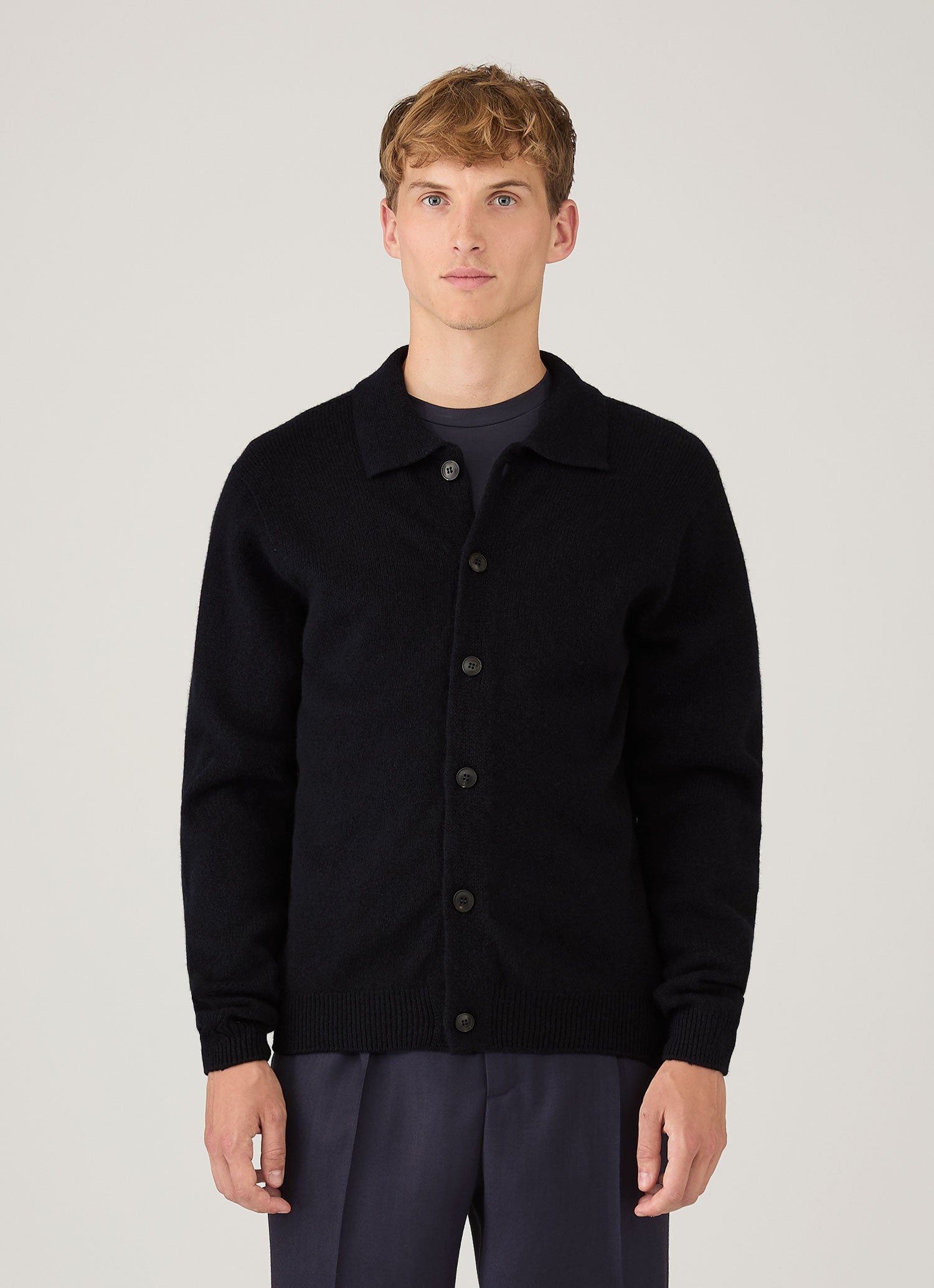 Men's Lambswool Cardigan in Dark Navy Mouline