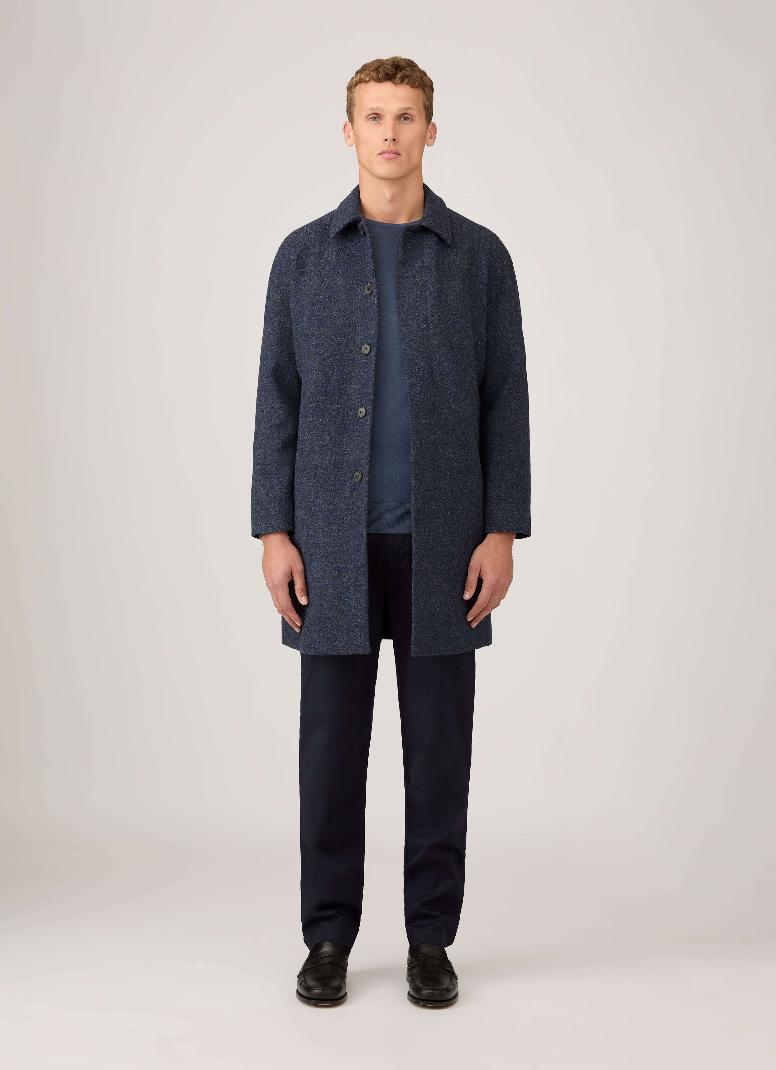 Men's Harris Tweed Car Coat in Selvedge Blue | Sunspel
