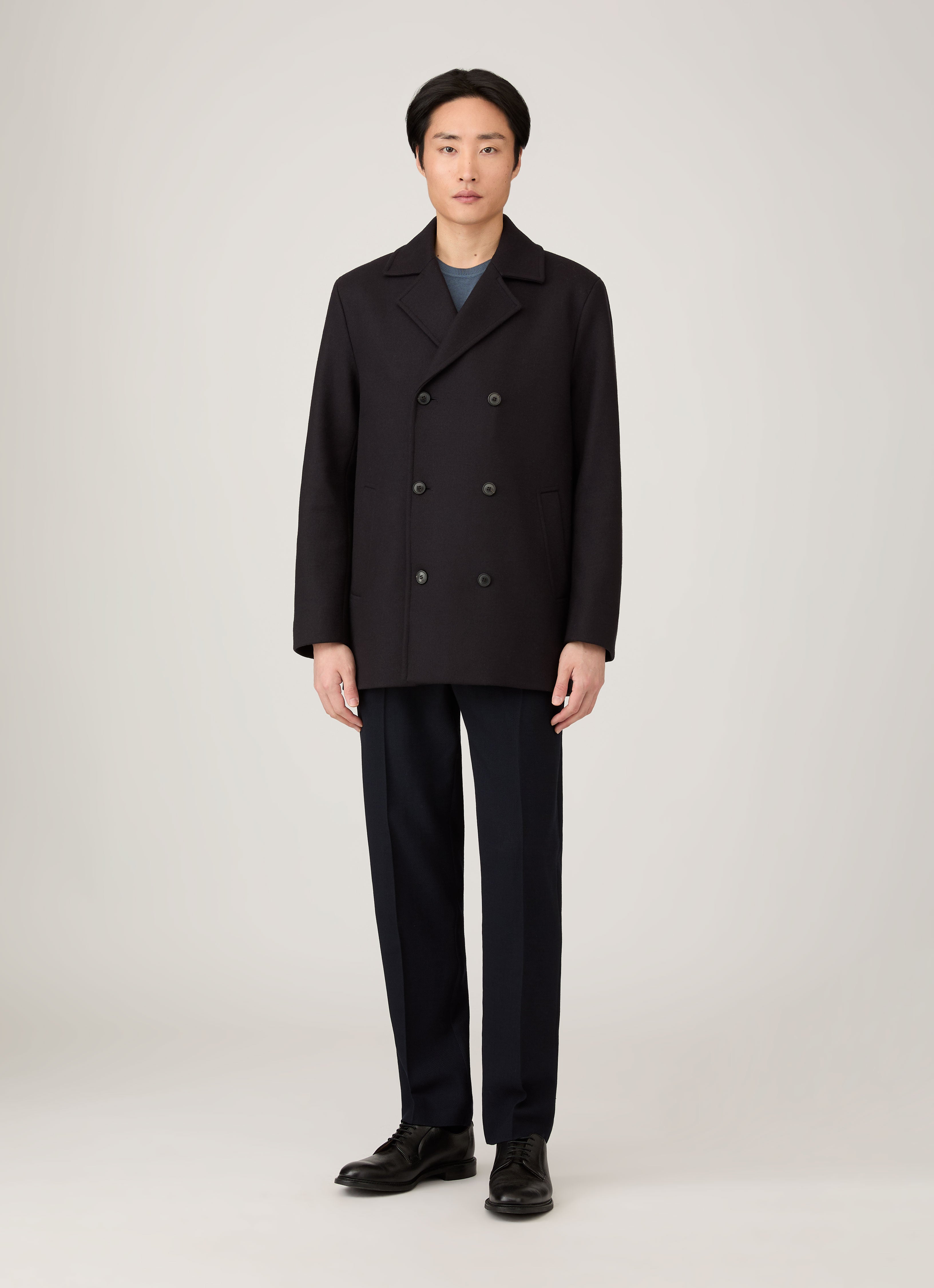 Men's Boiled Wool Pea Coat in Navy | Sunspel