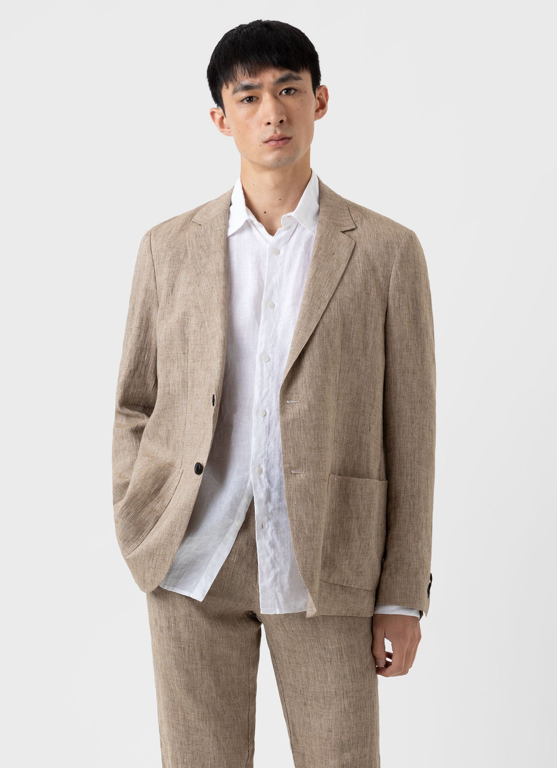 Men's Linen Blazer in Light Sand Puppytooth