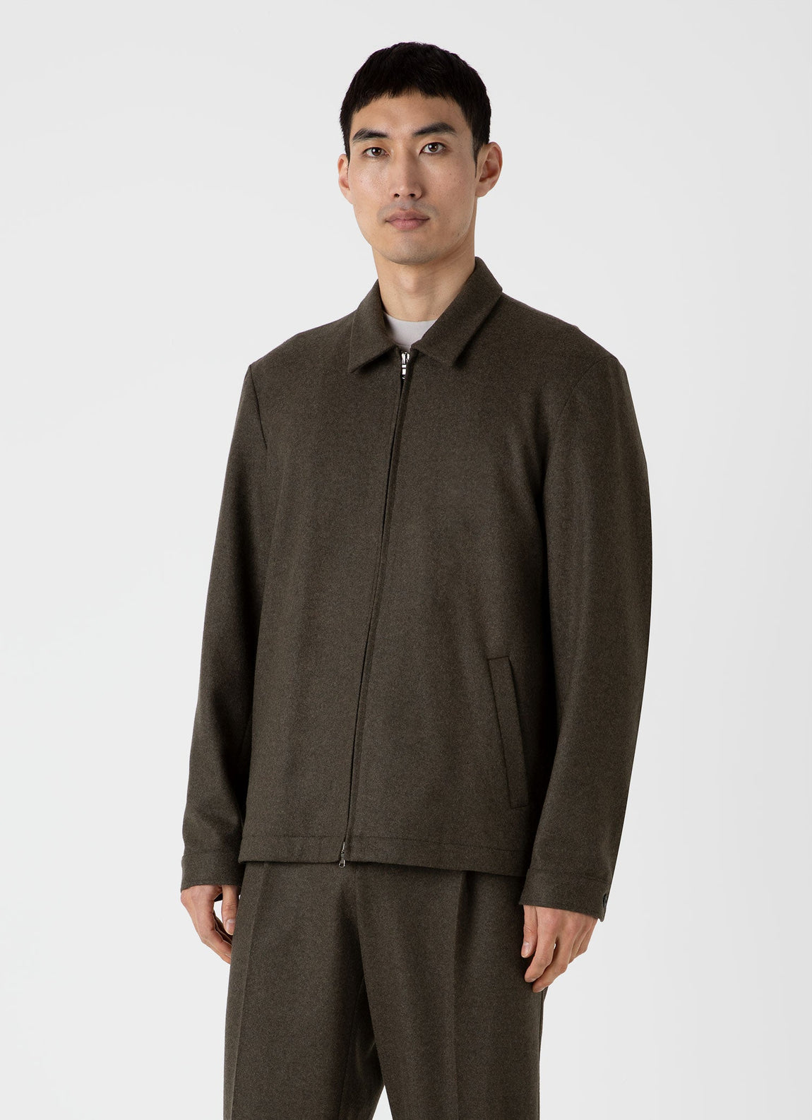 Men's Boiled Wool Zip Jacket in Dark Khaki