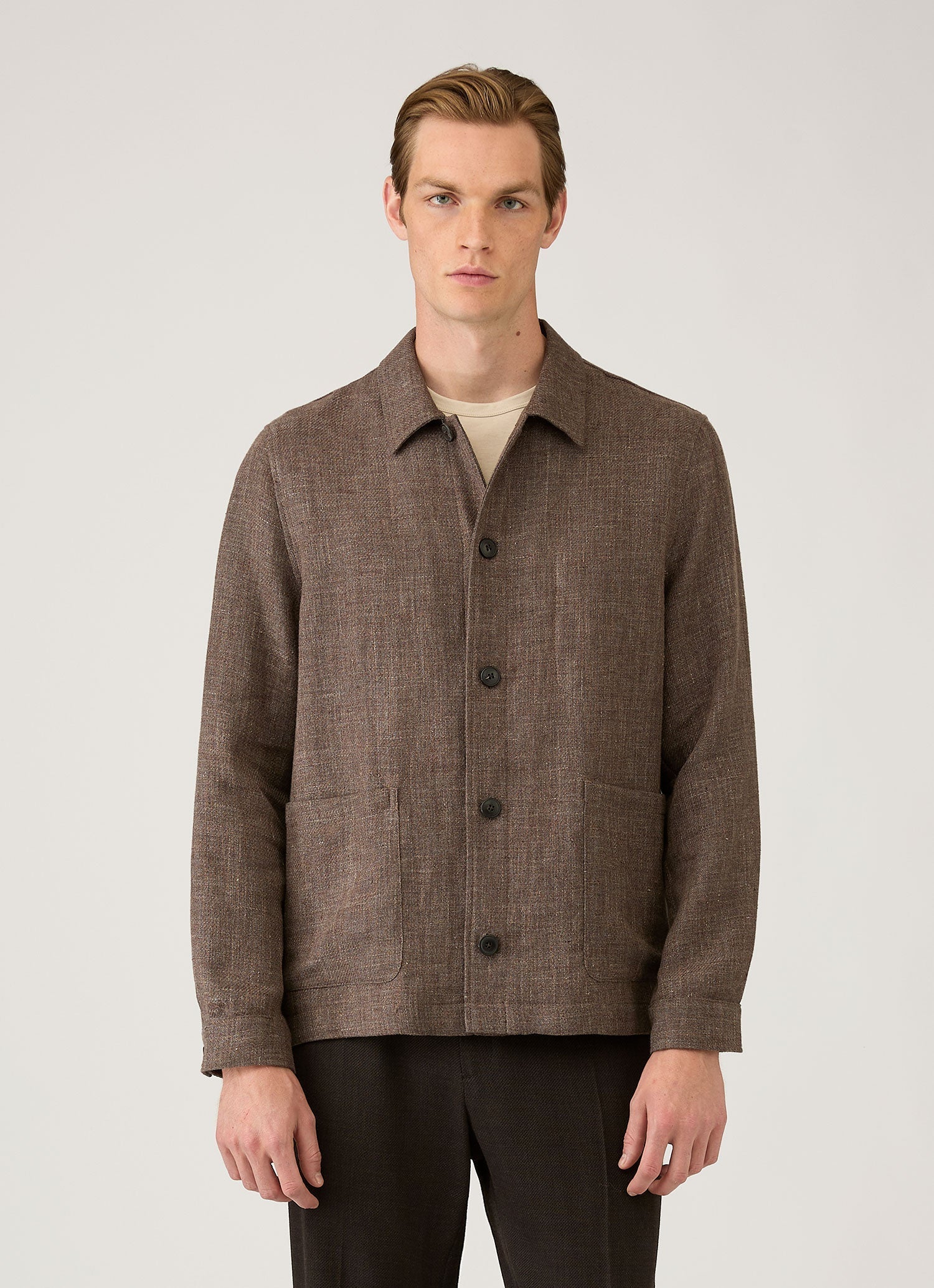 Men's Cotton Linen Twill Twin Pocket Jacket in Dark Cedar | Sunspel