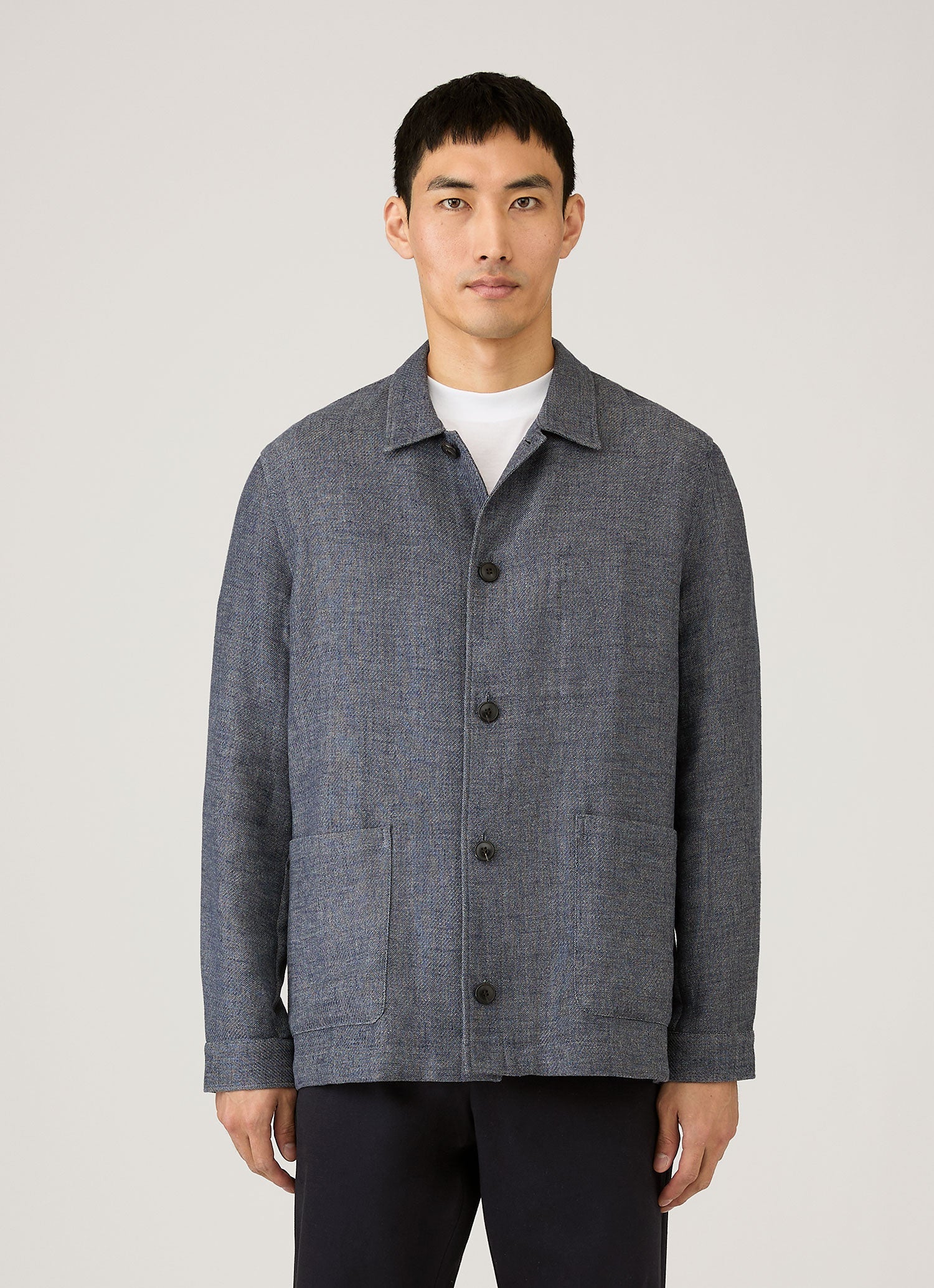 Men's Cotton Linen Twill Twin Pocket Jacket in Denim Blue | Sunspel