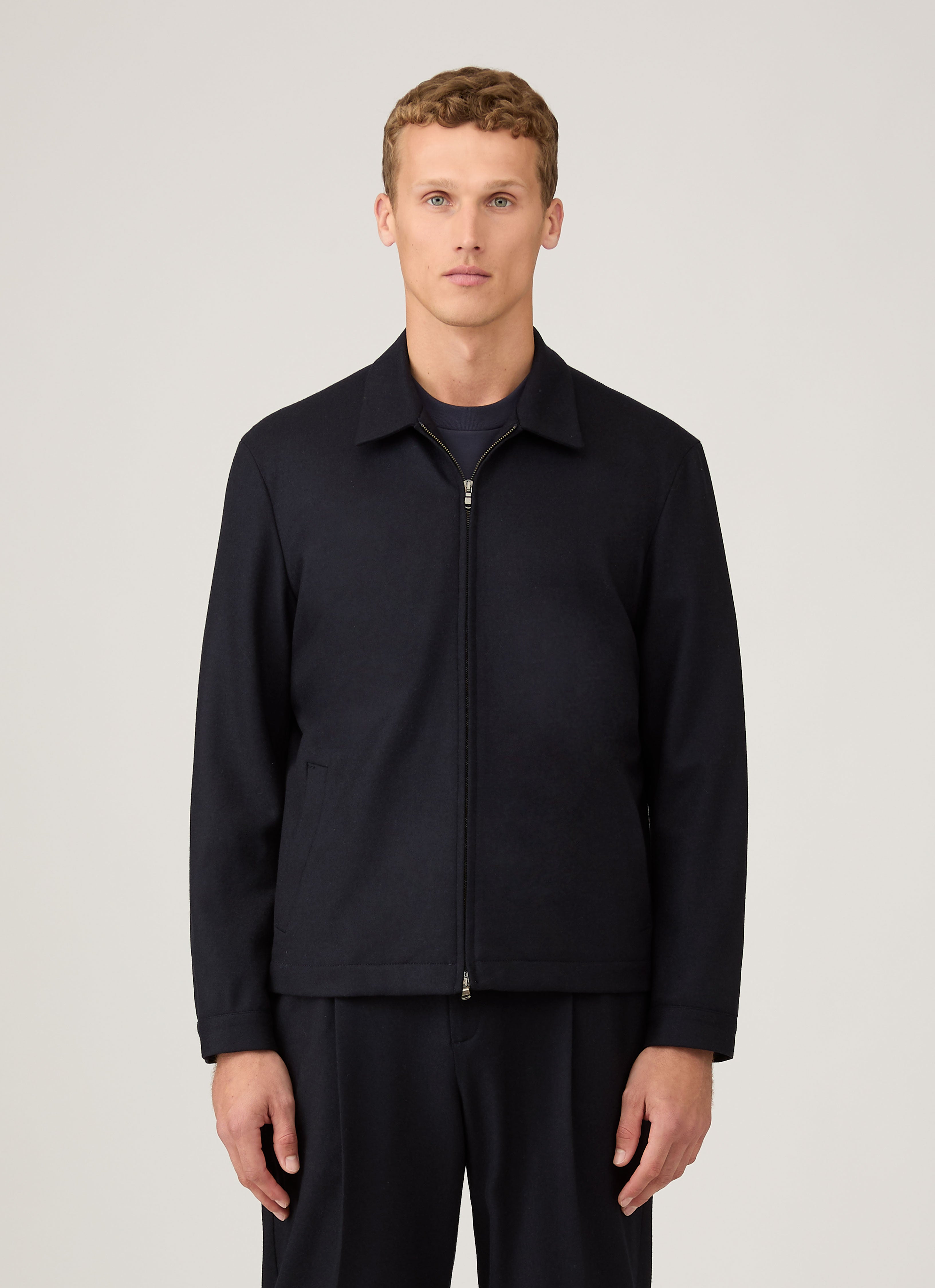 Men's Boiled Wool Harrington Jacket in Navy | Sunspel
