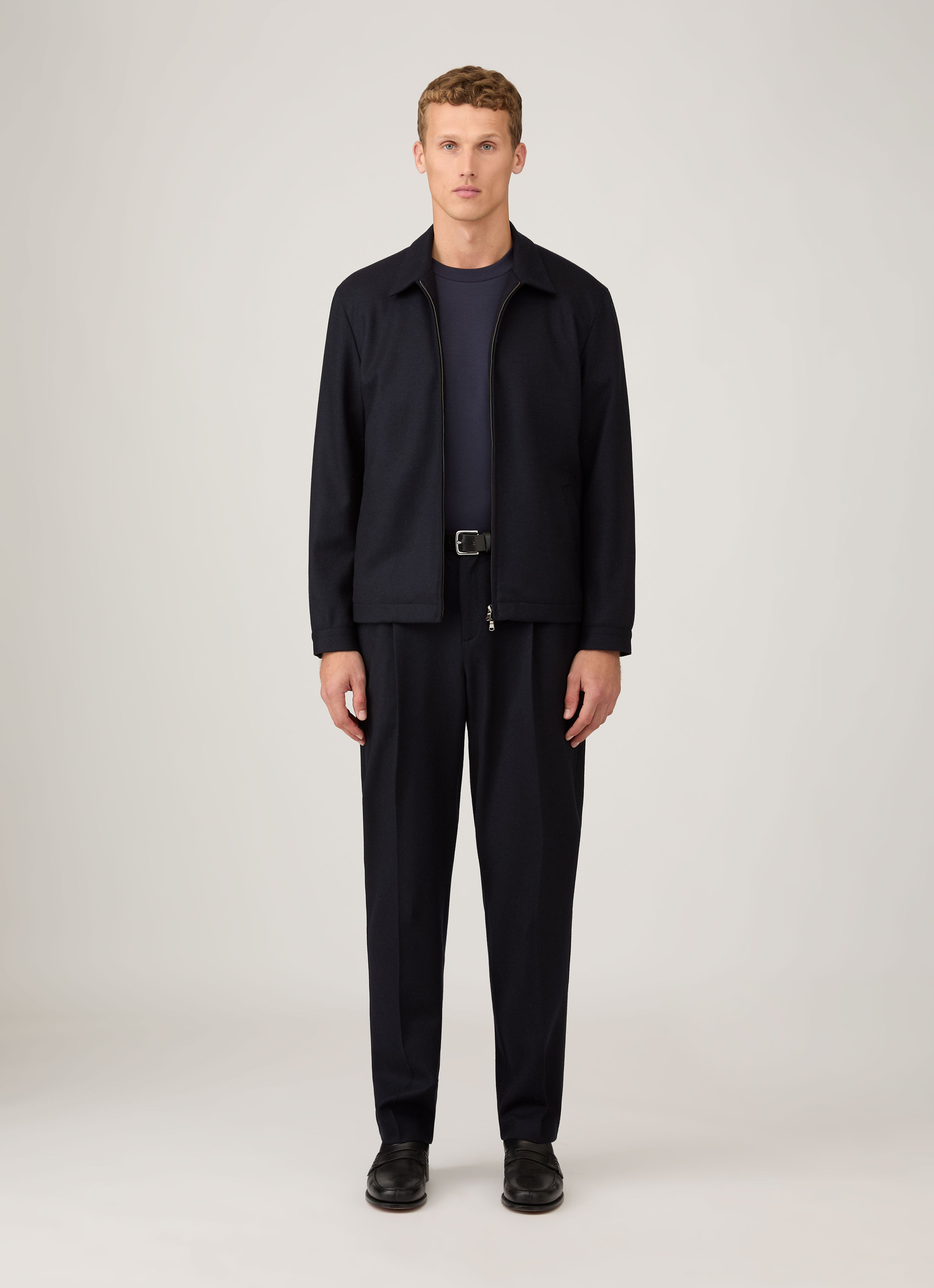 Men's Boiled Wool Harrington Jacket in Navy | Sunspel