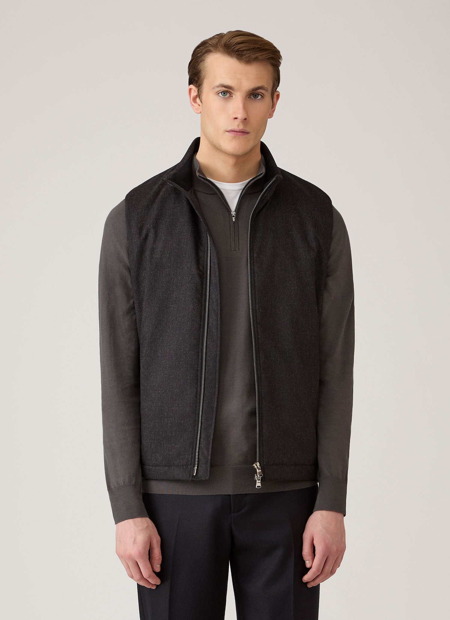 Men's Wool Cashmere Flannel Gilet in Charcoal Melange | Sunspel
