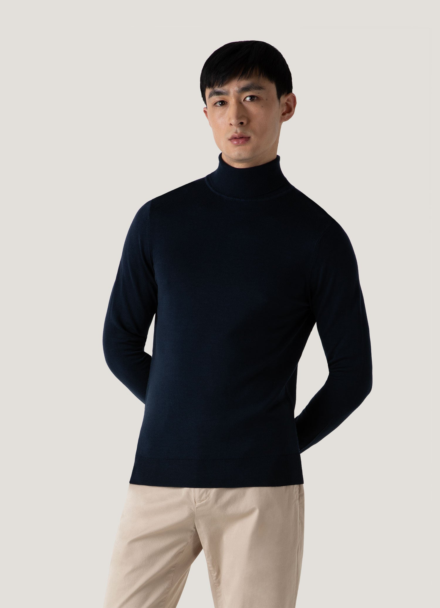 Men's Extra-Fine Merino Roll Neck in Light Navy | Sunspel