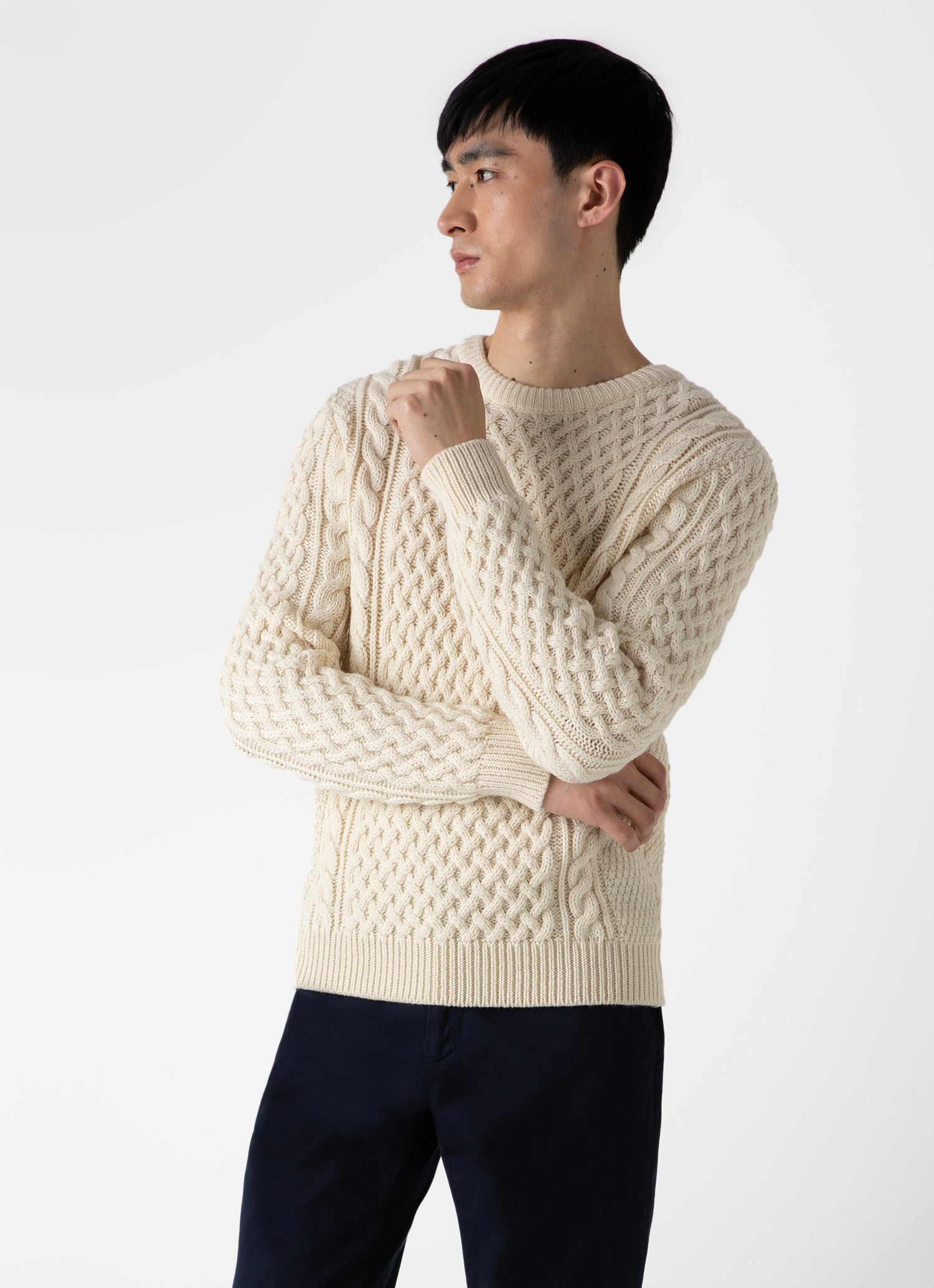 Men s Cable Knit Jumper in Ecru Sunspel