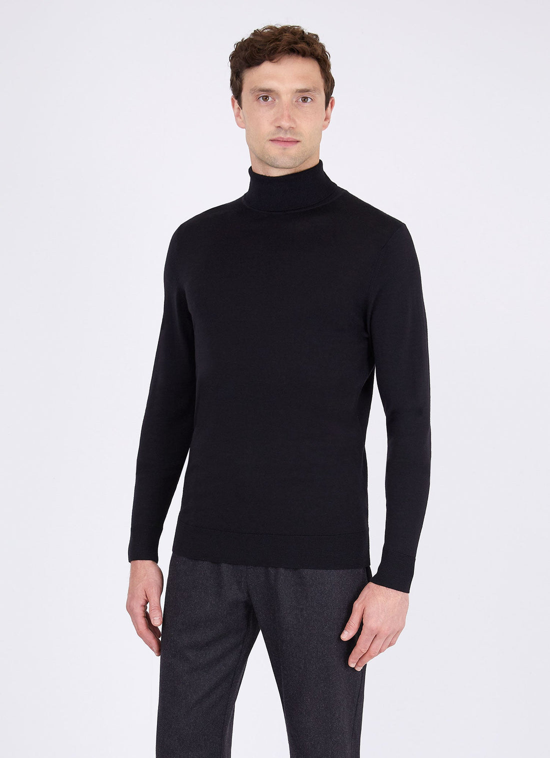 Men's Sea Island Cotton Roll Neck Sweater in Black