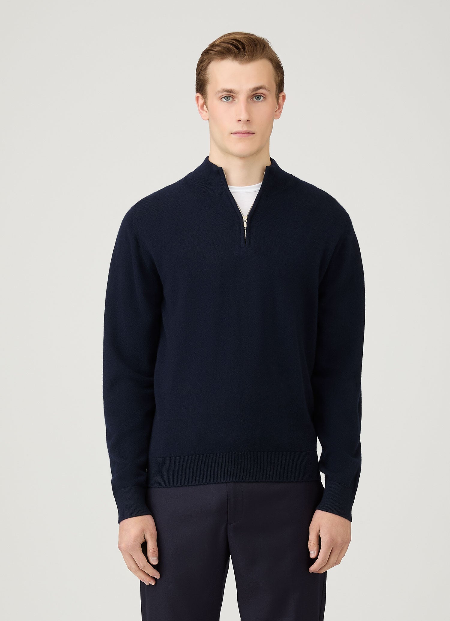 Men's Cashmere Zip Neck Jumper in Navy | Sunspel