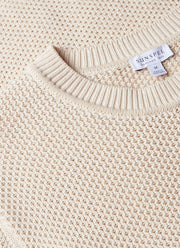 Men's Honeycomb Cotton Crew Neck Jumper in Ecru