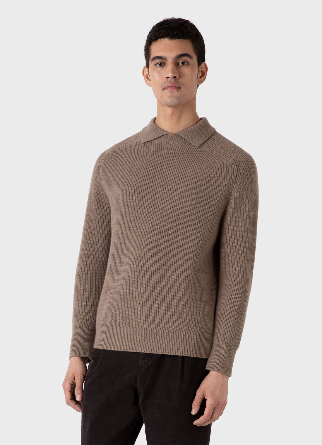 Men's Ribbed Polo Neck Jumper in Sandstone