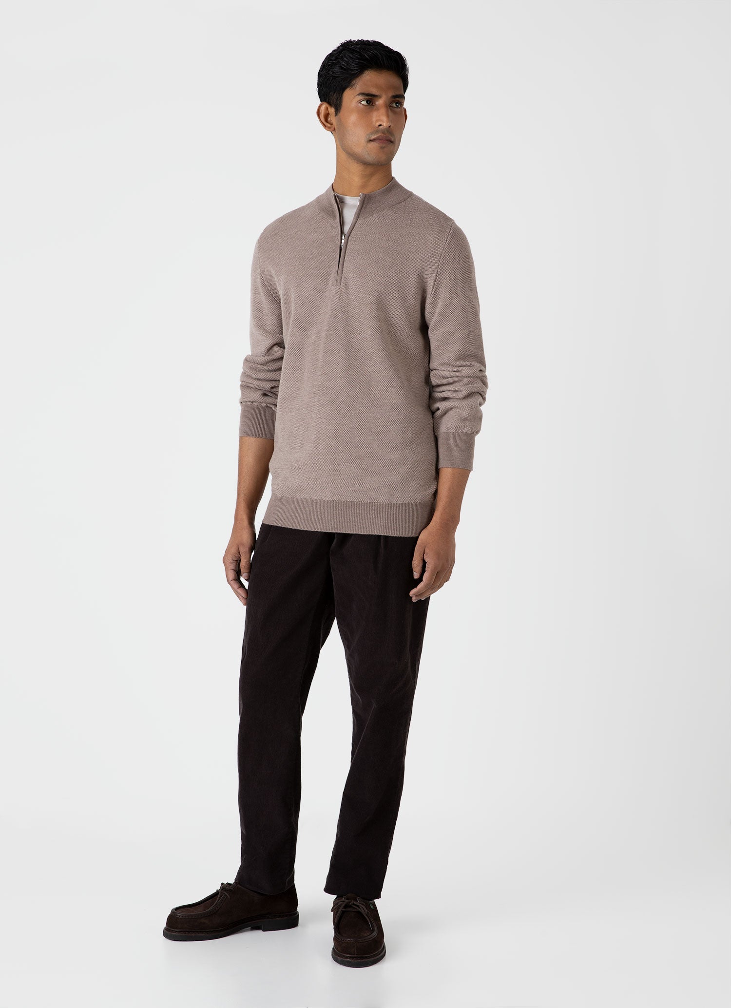 Men's Merino Honeycomb Zip Neck Jumper in Light Sandstone