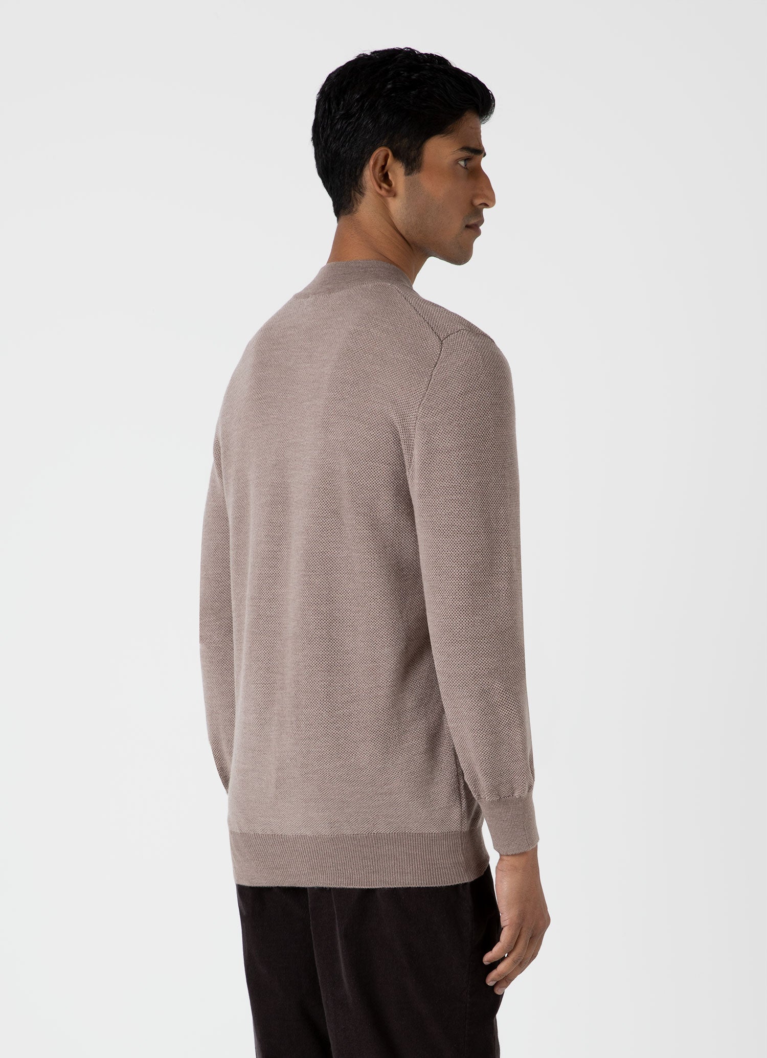 Men's Merino Honeycomb Zip Neck Jumper in Light Sandstone