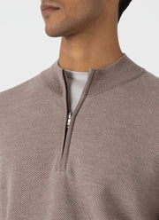 Men's Merino Honeycomb Zip Neck Jumper in Light Sandstone