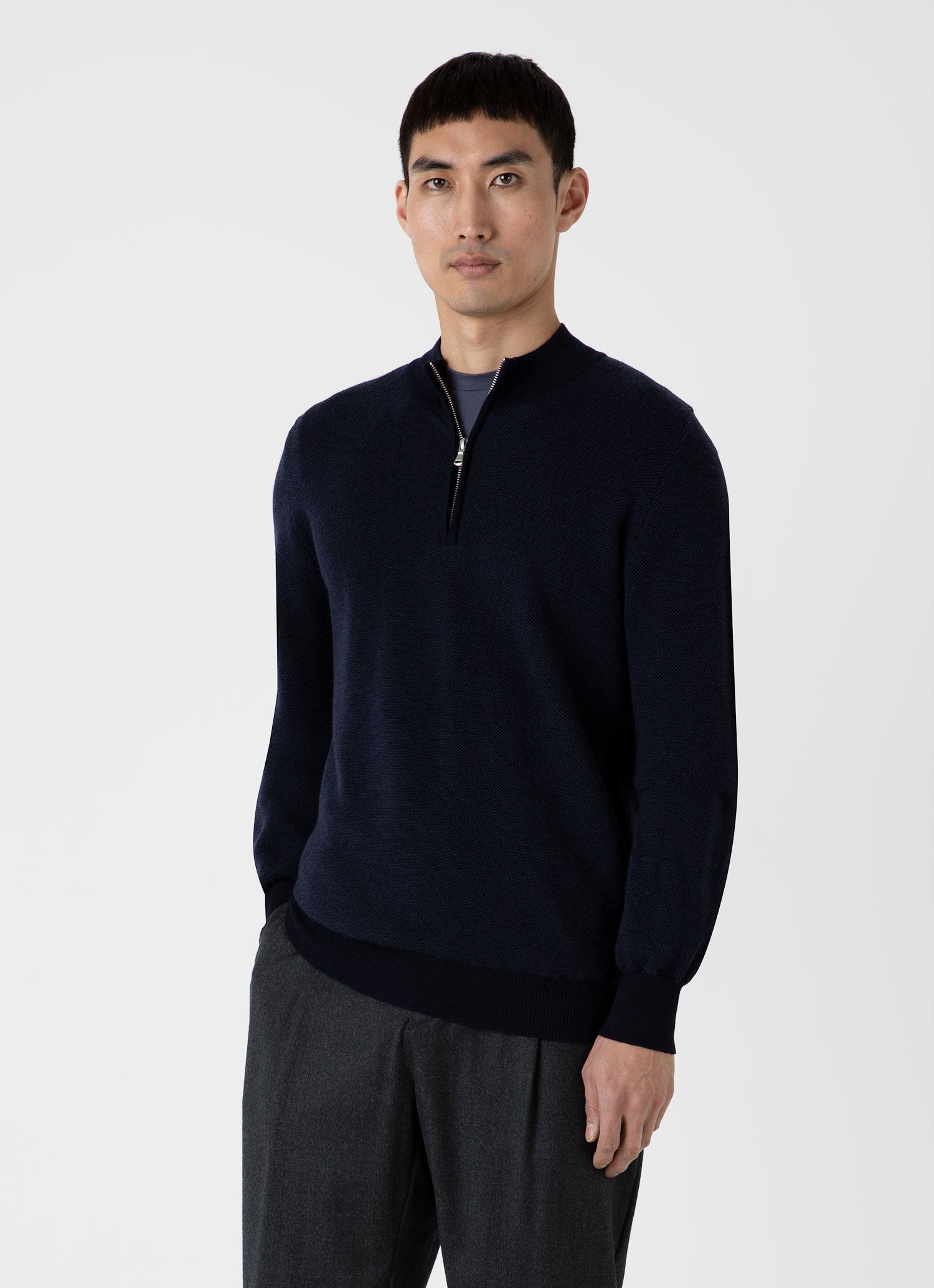 Men's Merino Honeycomb Zip Neck Jumper in Light Navy