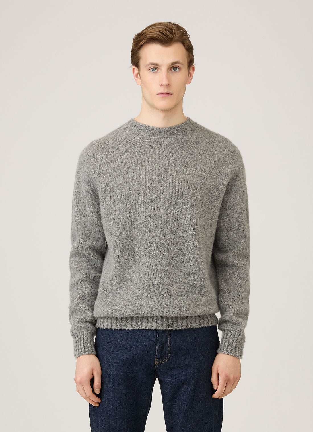 Men's Shetland Crew Neck Jumper in Mid Grey Melange