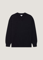 Men's Lambswool V-neck Jumper in Dark Navy Mouline