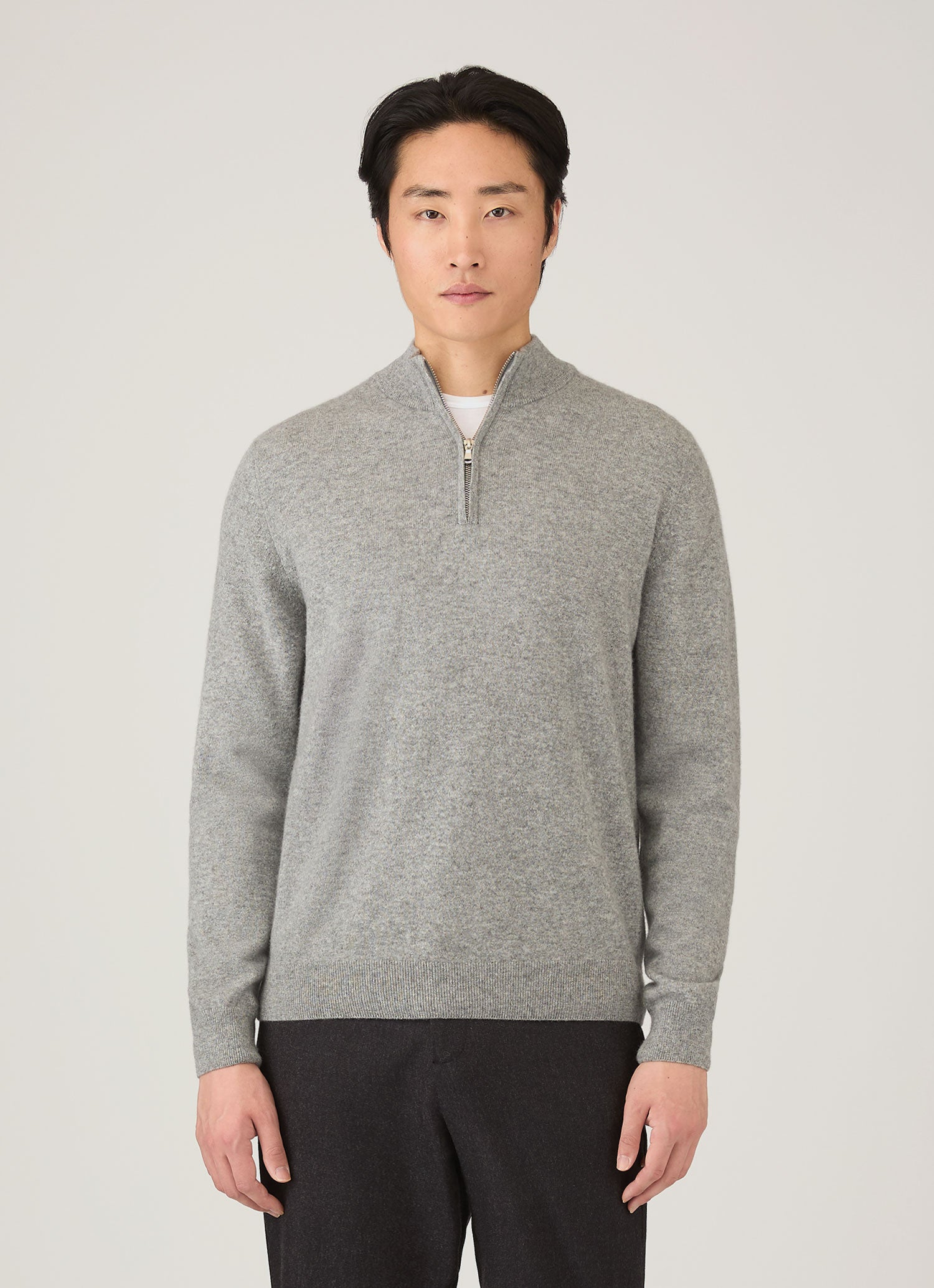 Men's Cashmere Half Zip Jumper in Grey Melange | Sunspel