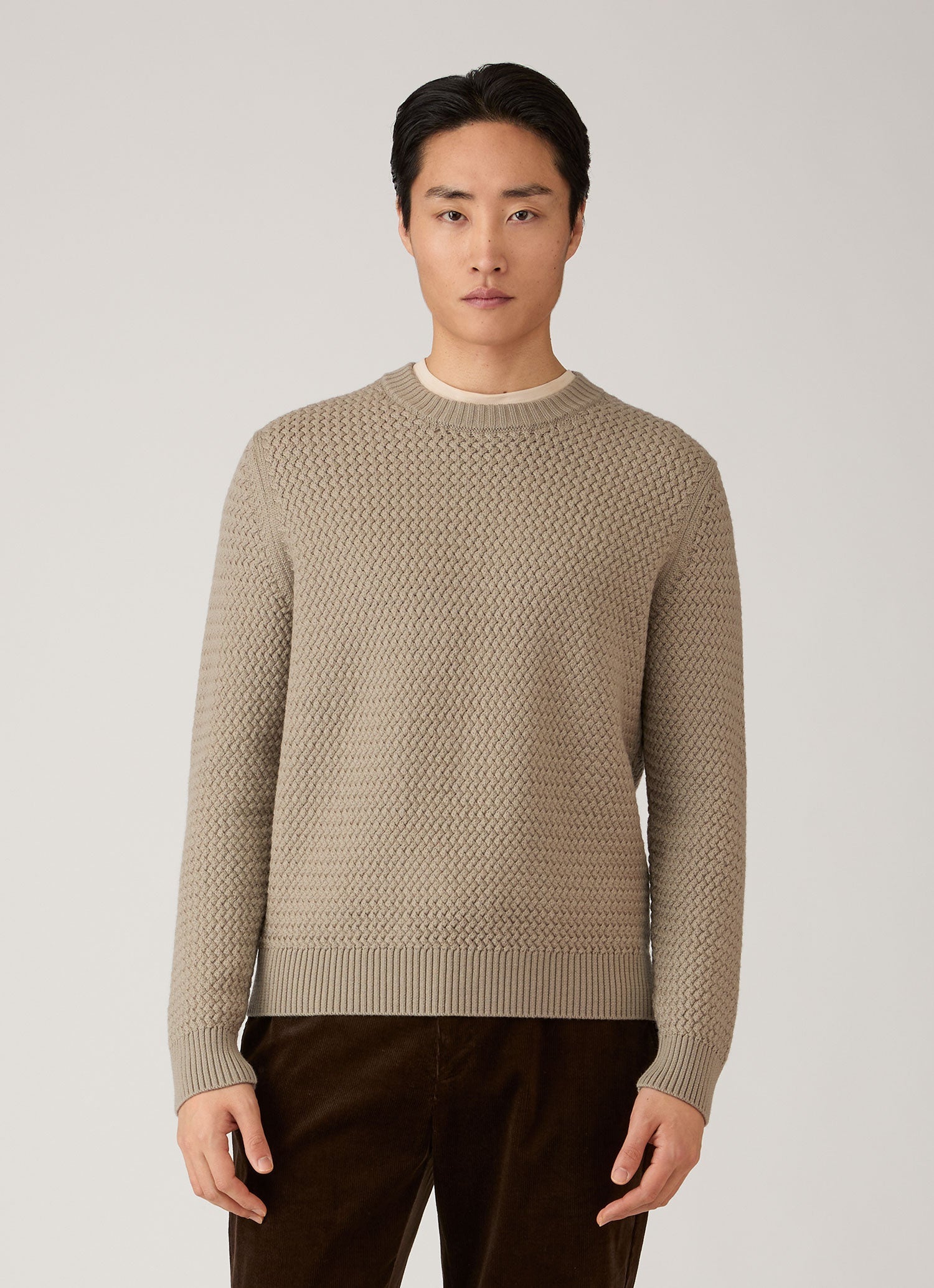 Men's Merino Wool Basketweave Jumper in Stone | Sunspel