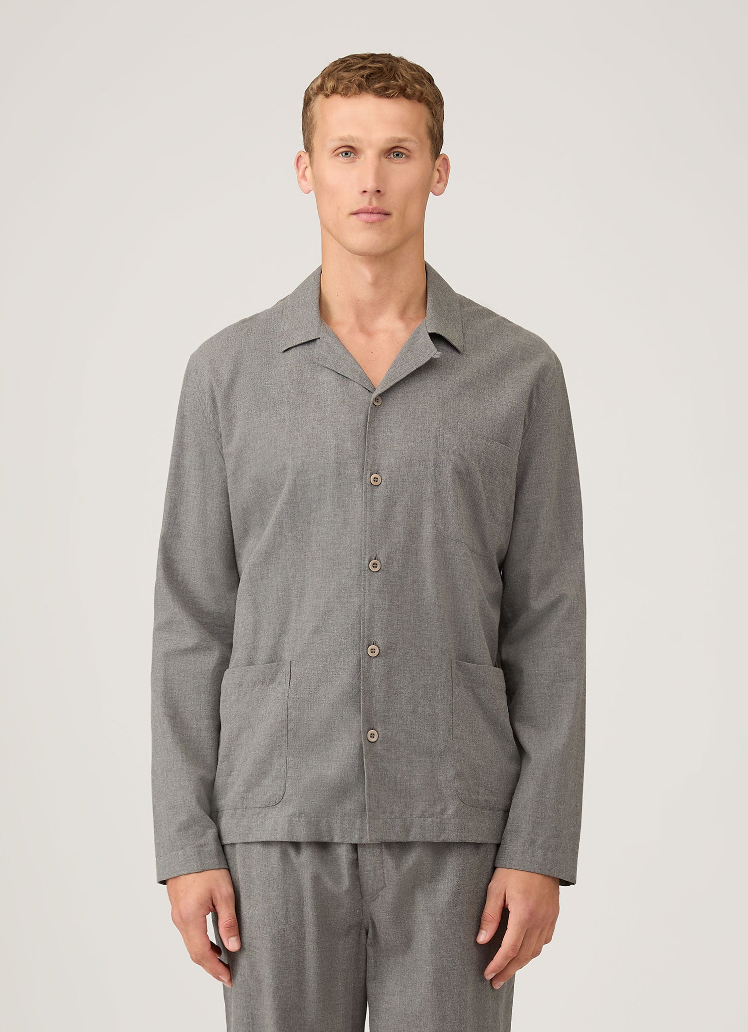 Men's Cotton Flannel Pyjama Shirt in Mid Grey Melange | Sunspel