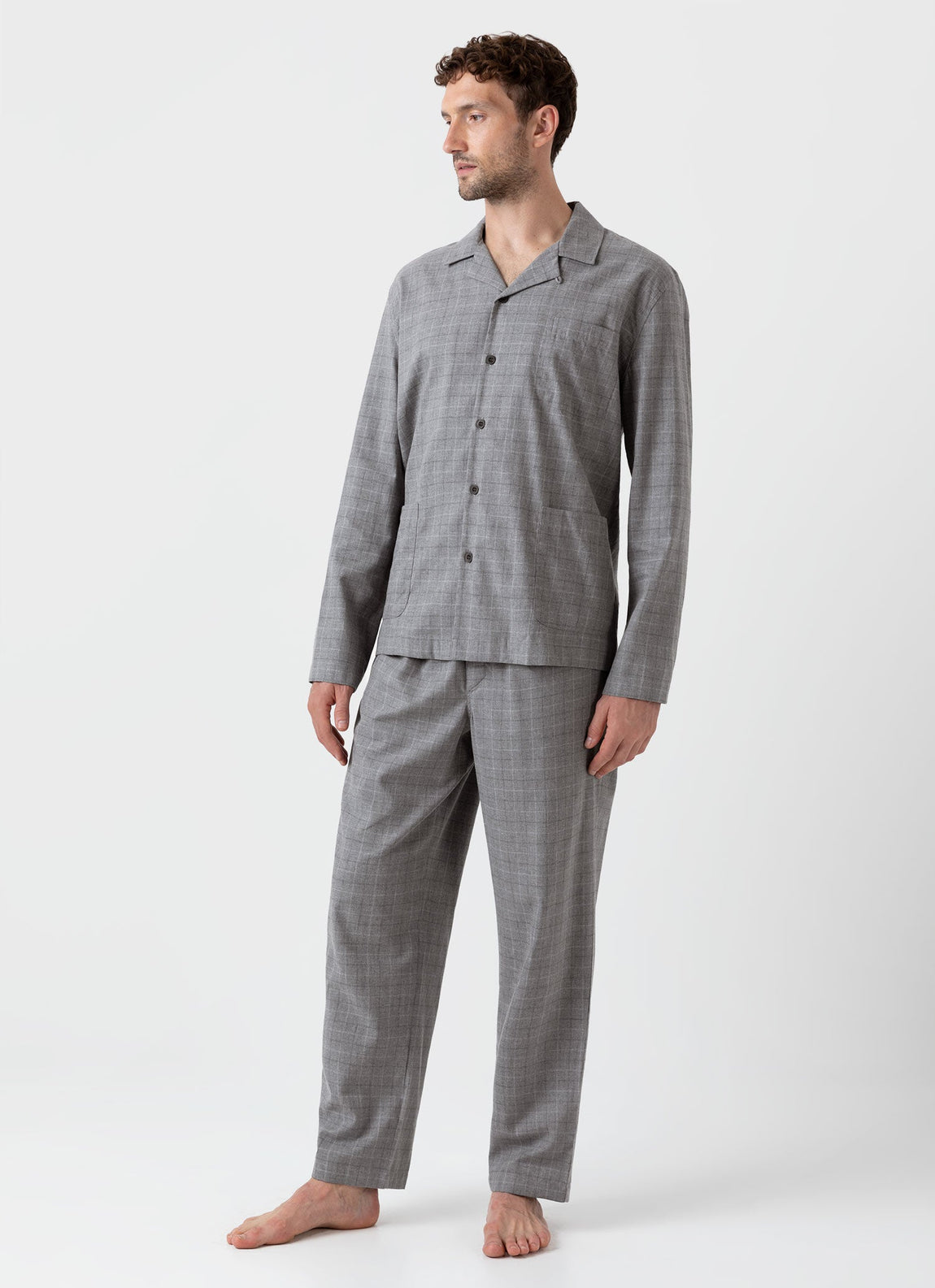 Men's Cotton Flannel Pyjama Shirt in Mid Grey Check