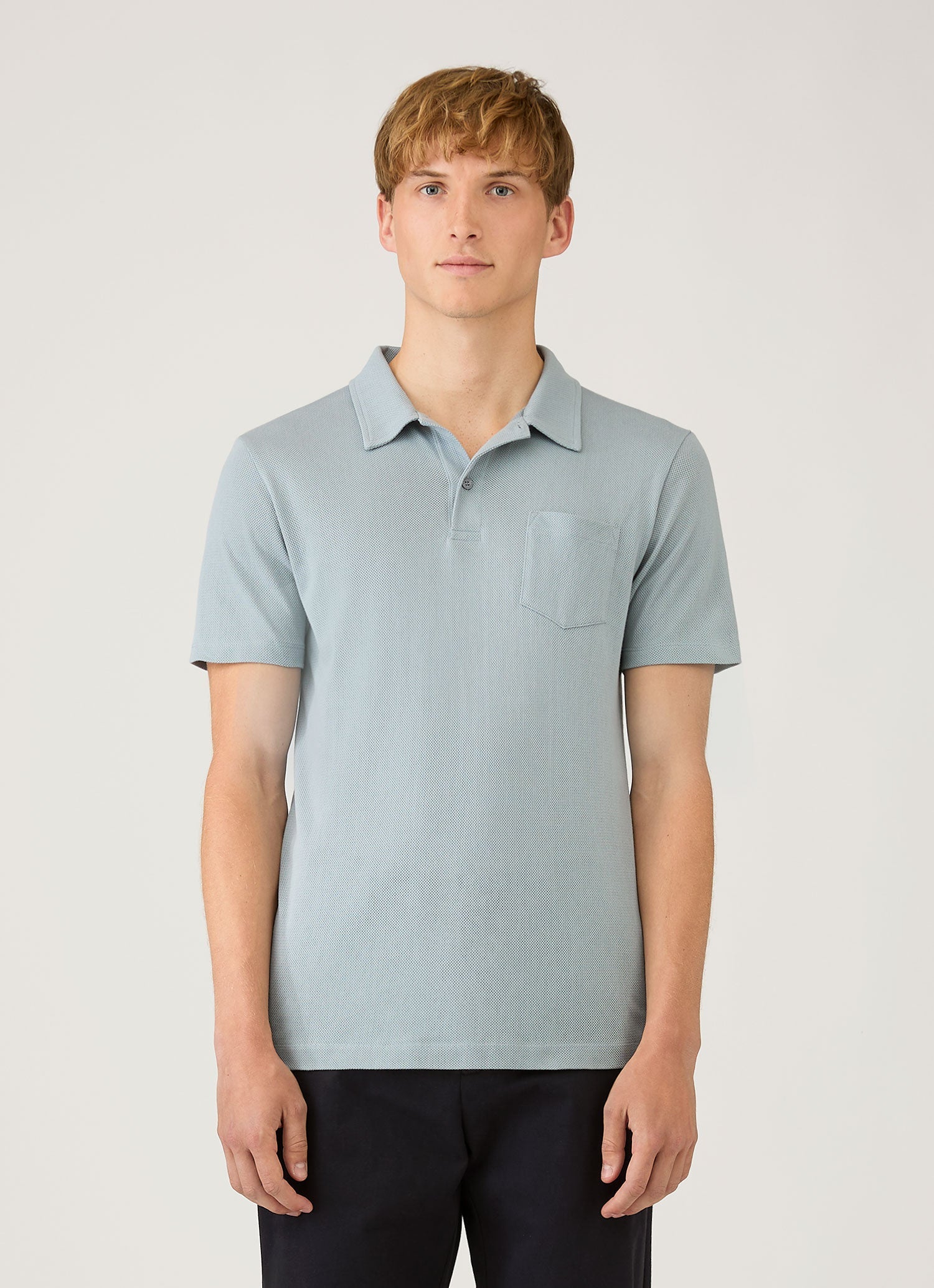 i*様 stone  polo Men's Riviera Polo Shirt in Stone Blue | Sunspel