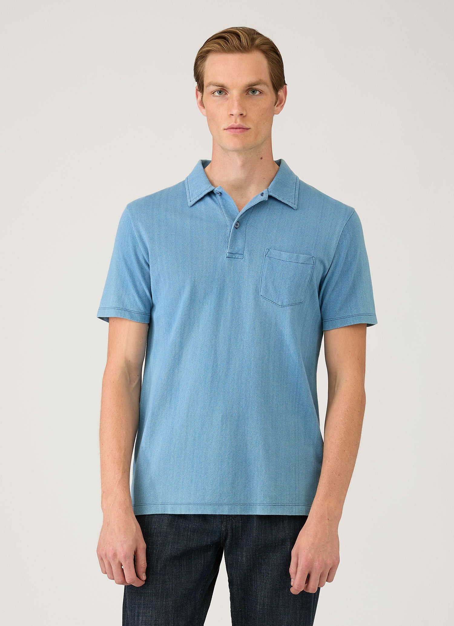 Men's Riviera Polo Shirt in Mid Indigo Wash | Sunspel
