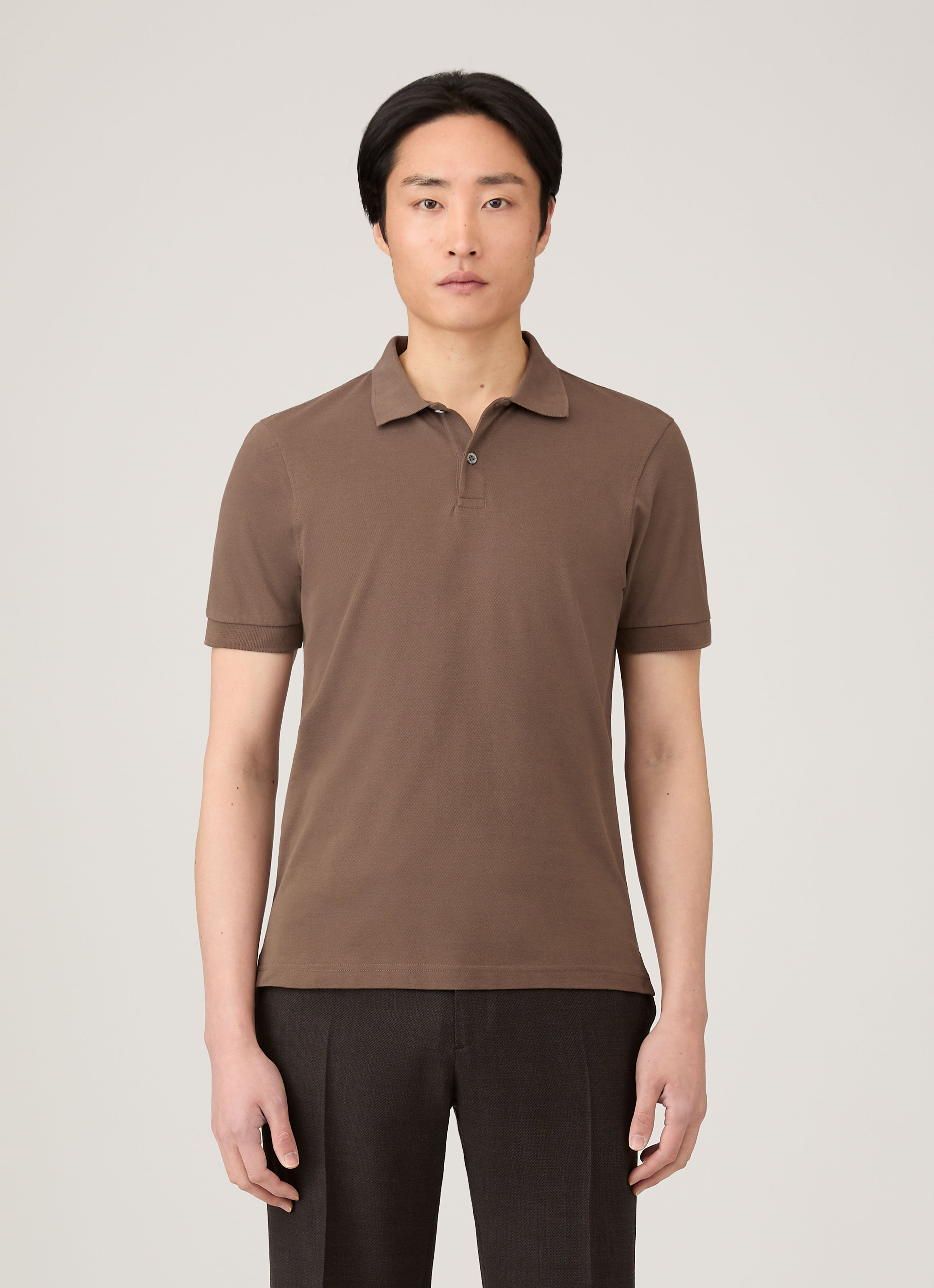 Plage WOOL POLOKNIT SHIRT ブラウン Men's Towelling Polo Shirt in Dark Sand | Sunspel