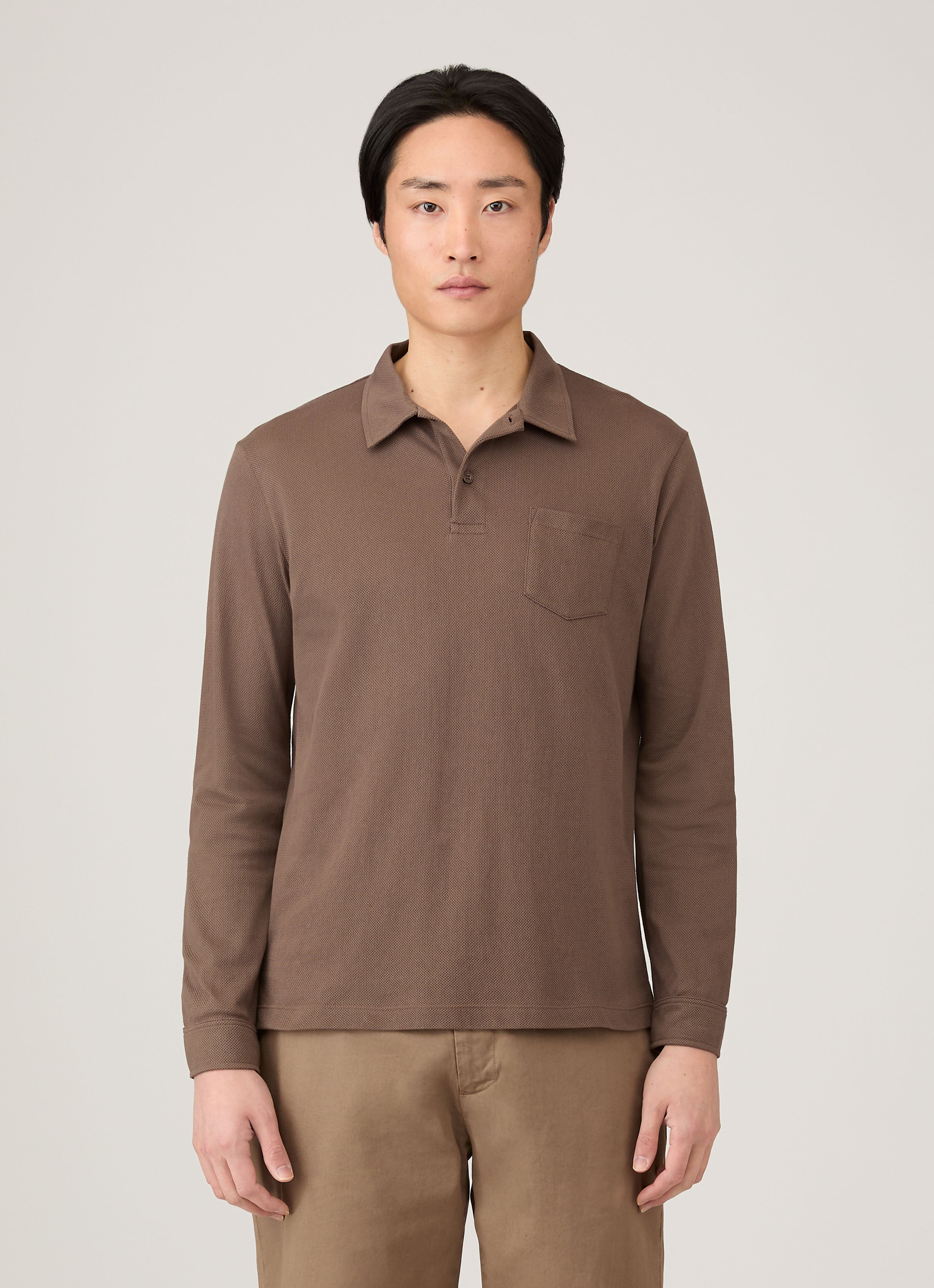 Men's Long Sleeve Riviera Polo Shirt in Bark | Sunspel