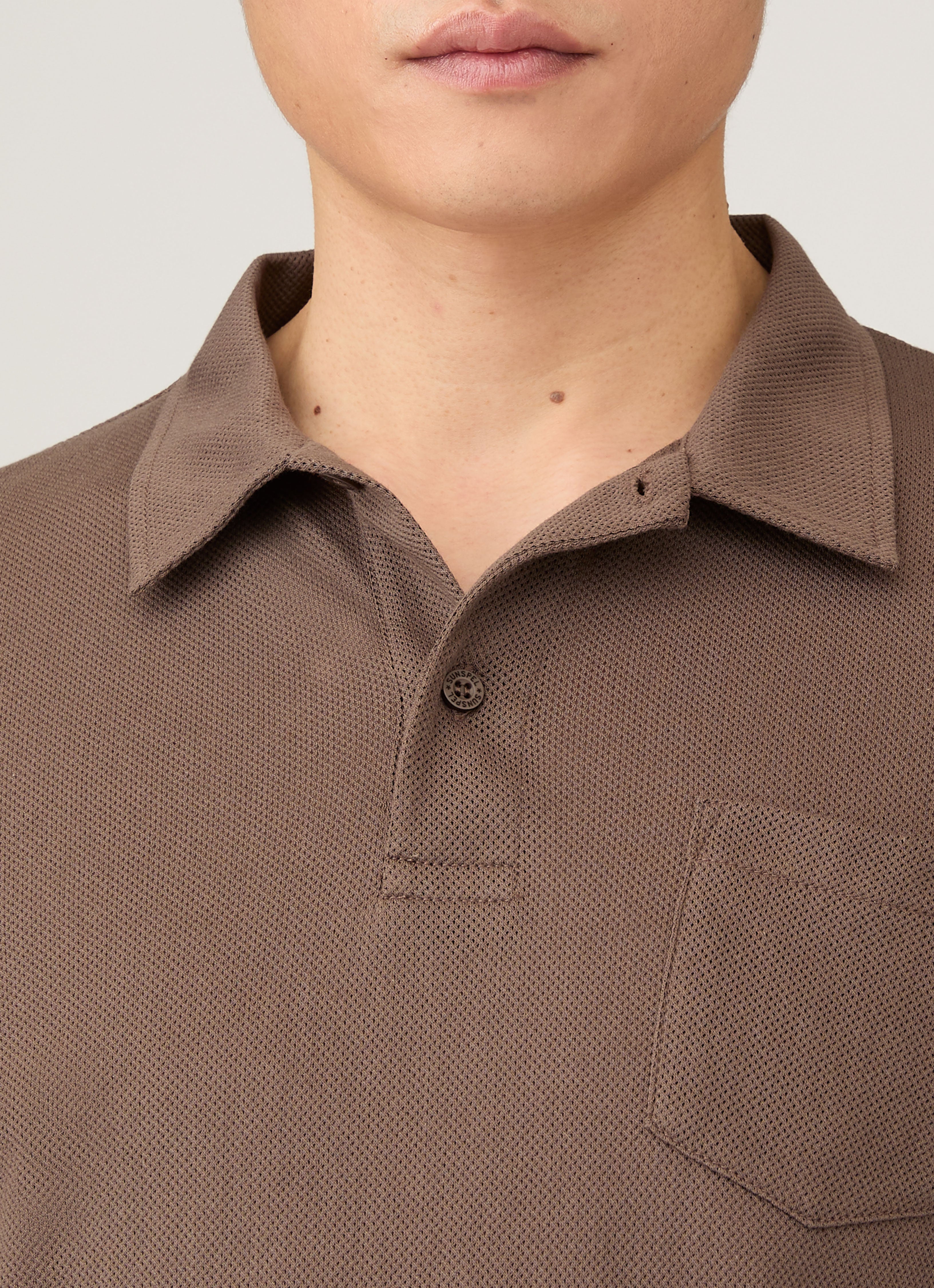 Men's Long Sleeve Riviera Polo Shirt in Bark | Sunspel