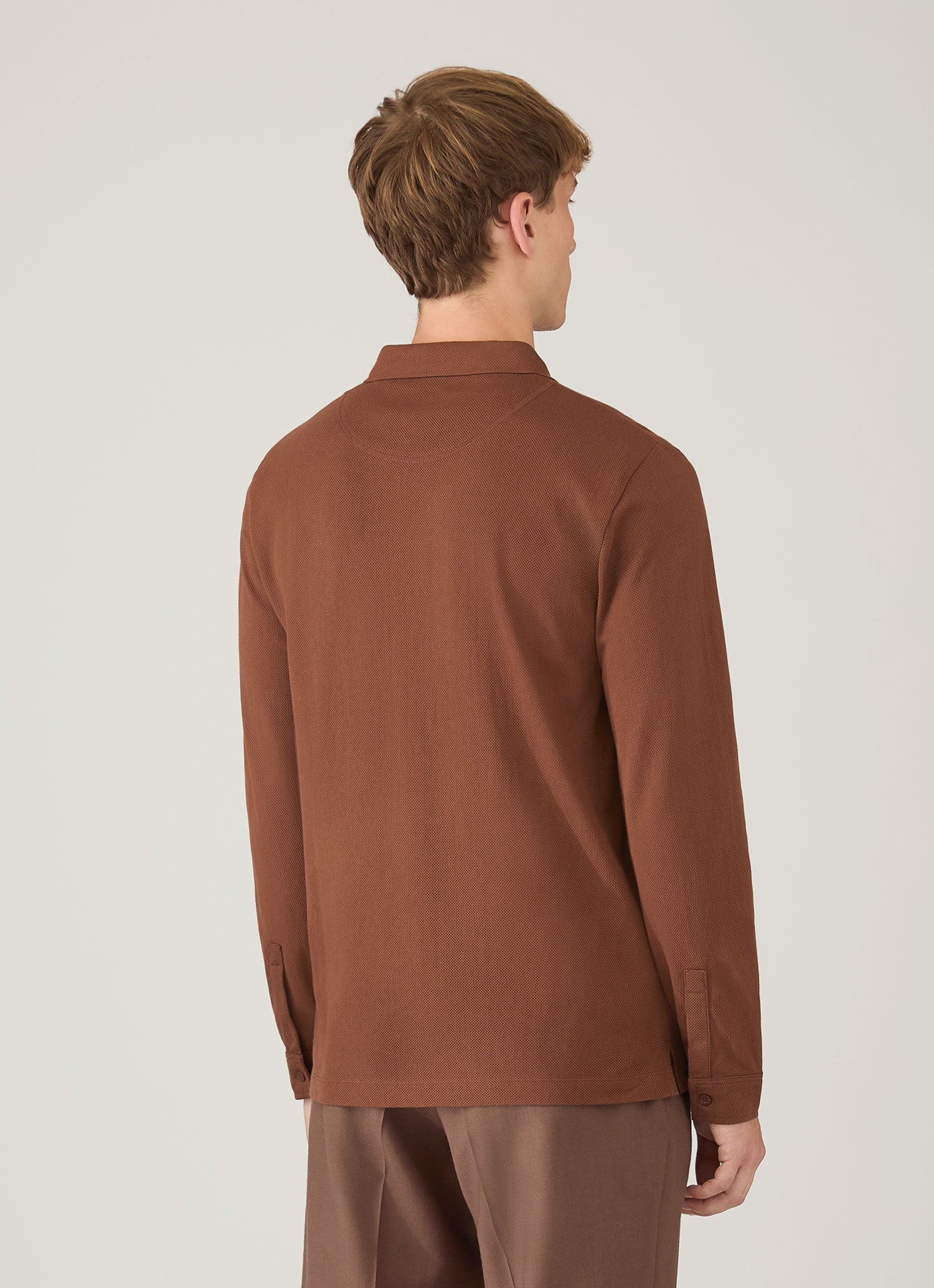 Men's Long Sleeve Riviera Polo Shirt in Conker Brown | Sunspel