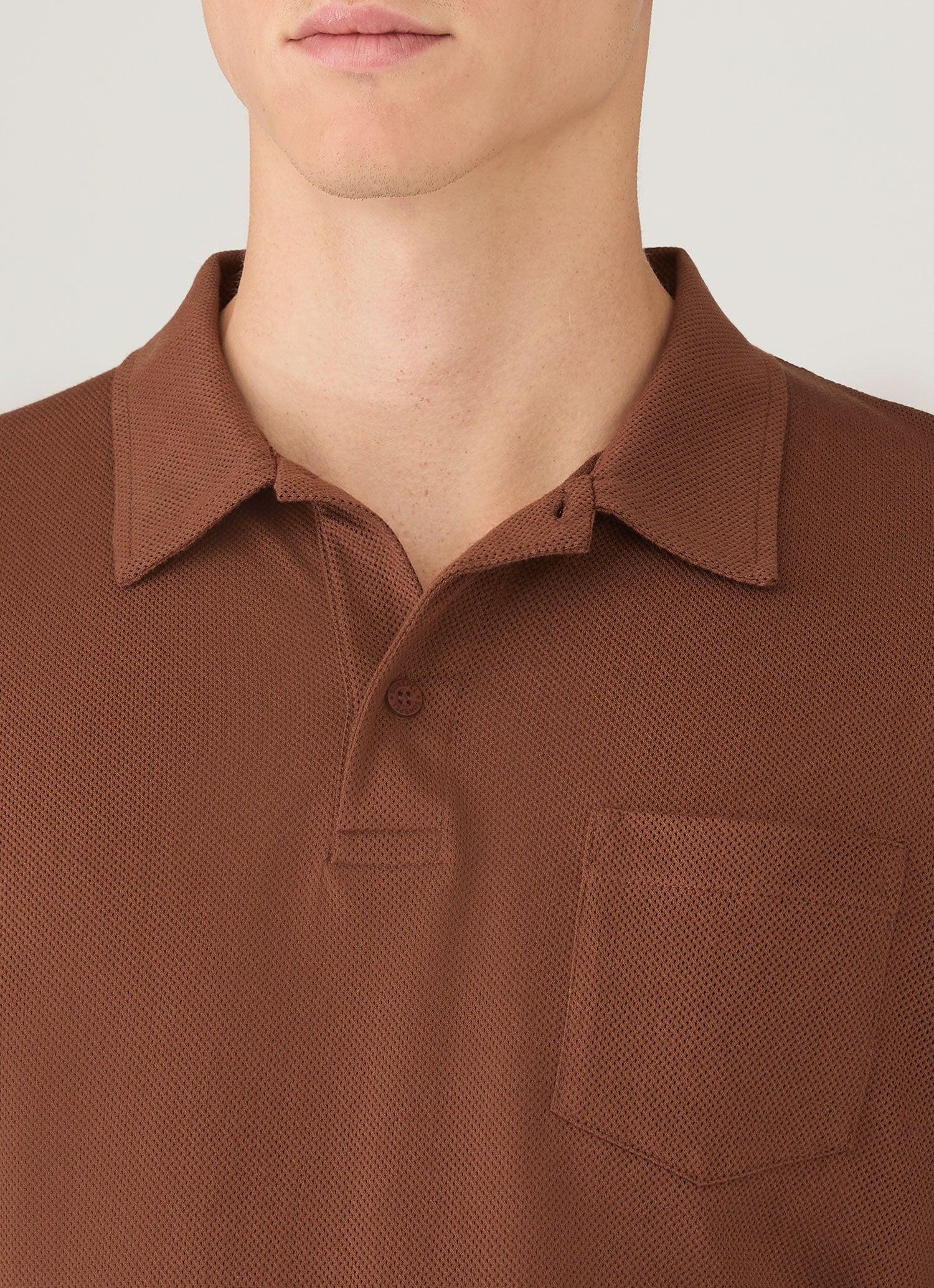 Men's Long Sleeve Riviera Polo Shirt in Conker Brown | Sunspel
