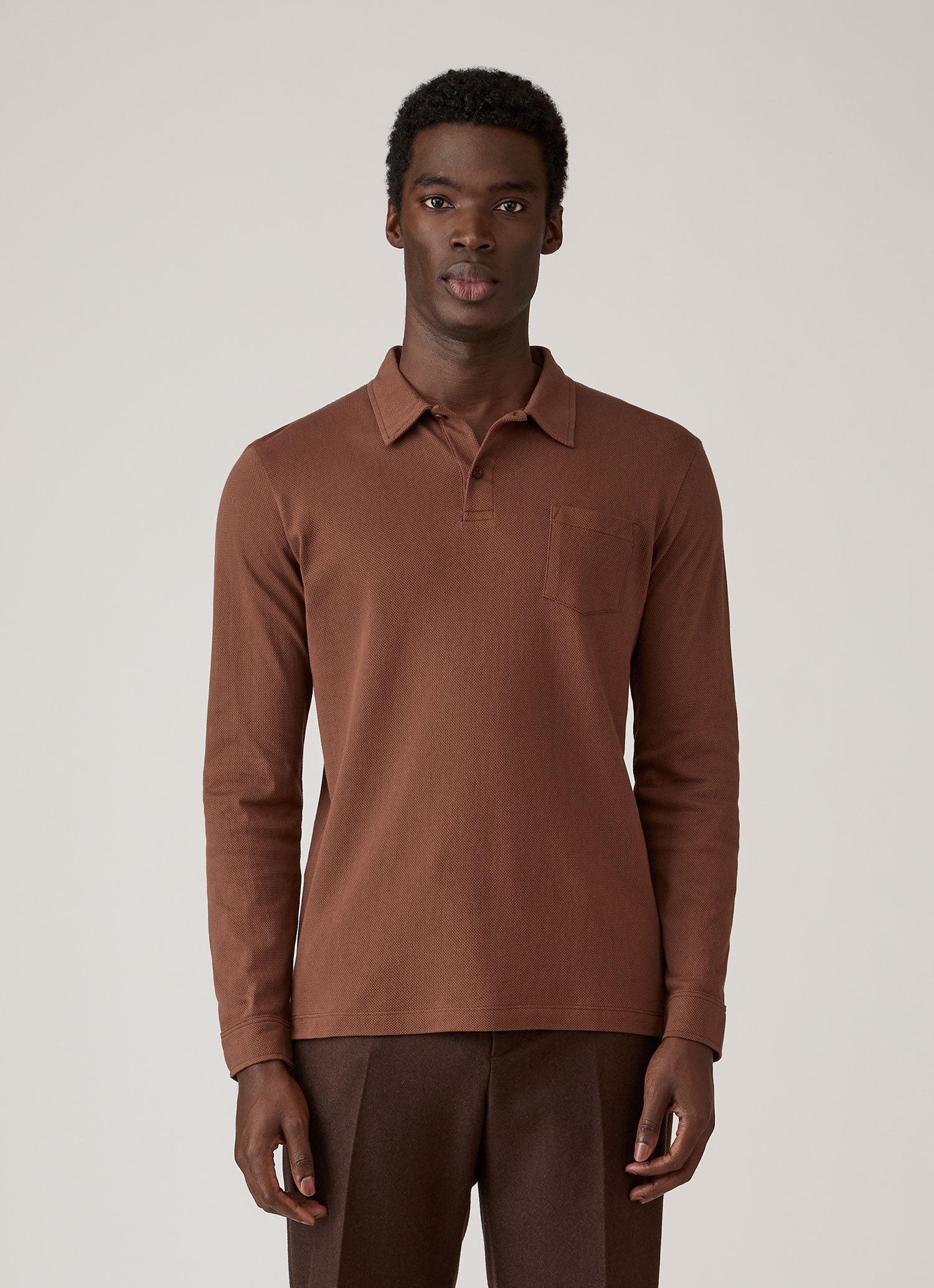 Men's Long Sleeve Riviera Polo Shirt in Chestnut | Sunspel