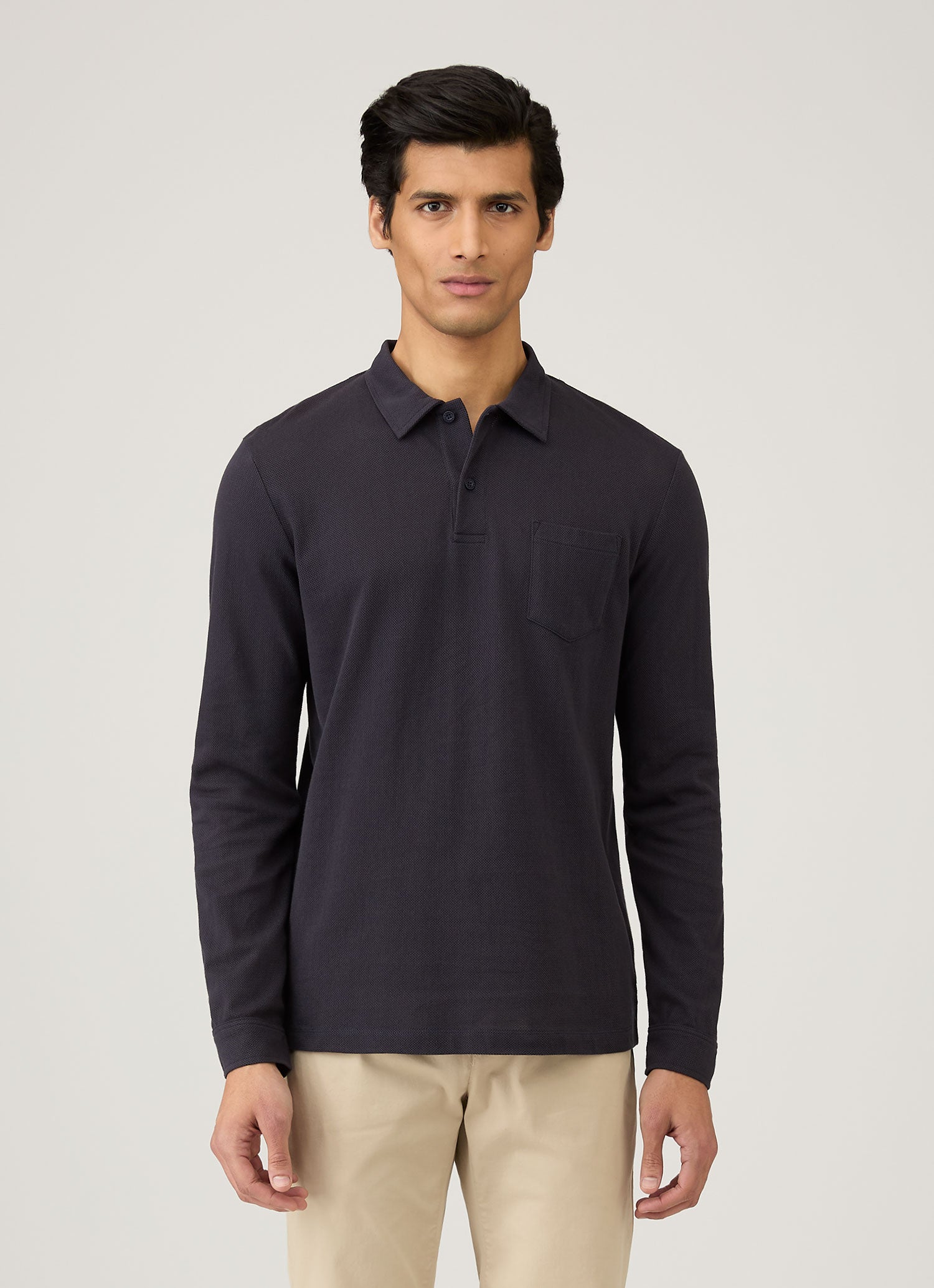 期間限定値下げ新品未使用SUNSPEL Riviera PoloネイビーLサイズ Men's Long Sleeve Riviera Polo Shirt in Navy | Sunspel