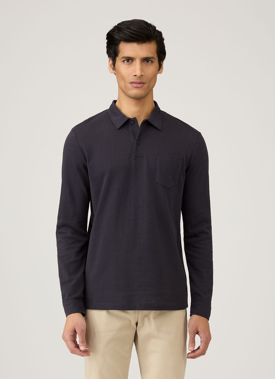 Men's Long Sleeve Riviera Polo Shirt in Navy | Sunspel Men's Long Sleeve Riviera Polo Shirt in Navy | Sunspel