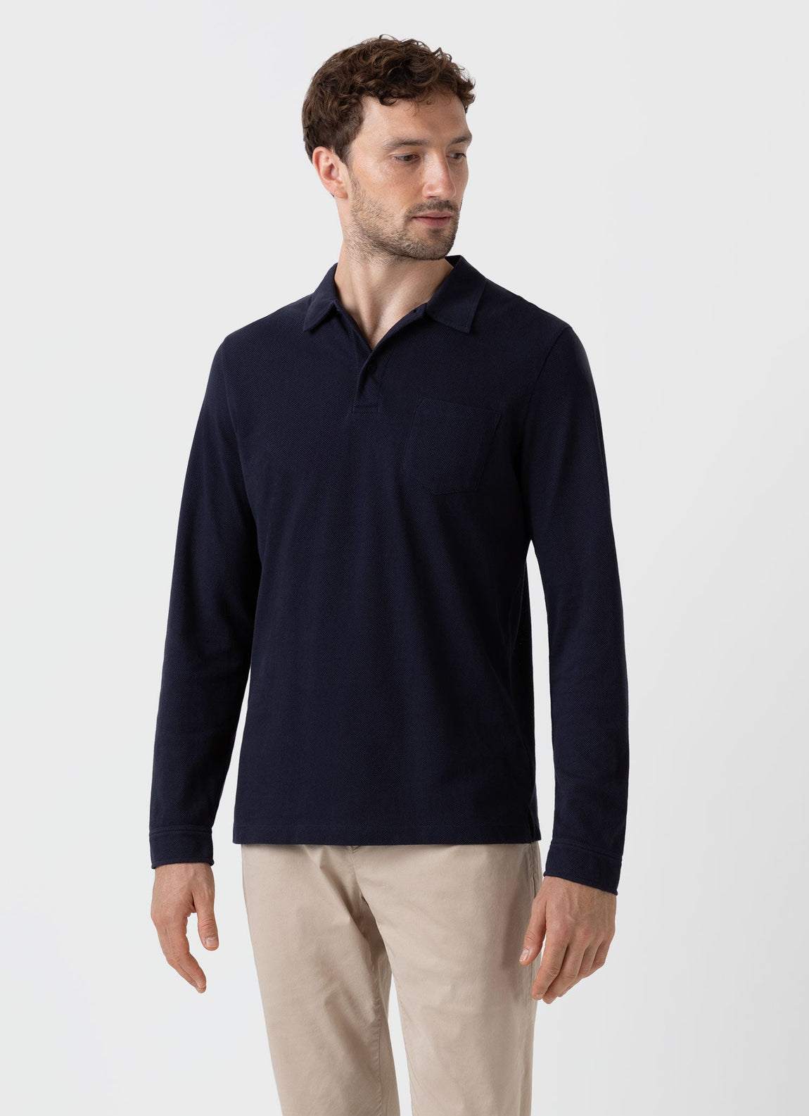 Men's Long Sleeve Riviera Polo Shirt in Navy | Sunspel