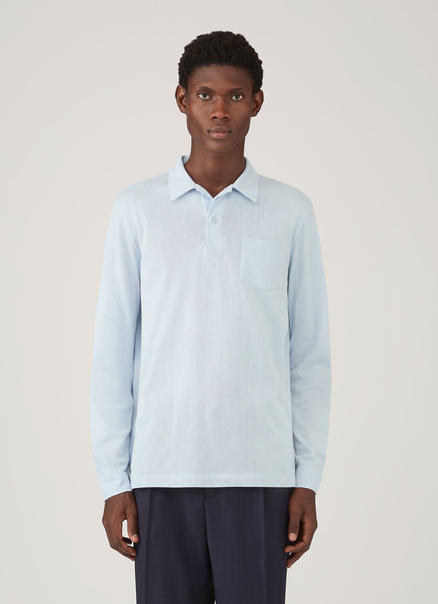 Men's Long Sleeve Riviera Polo Shirt in Frost Blue | Sunspel